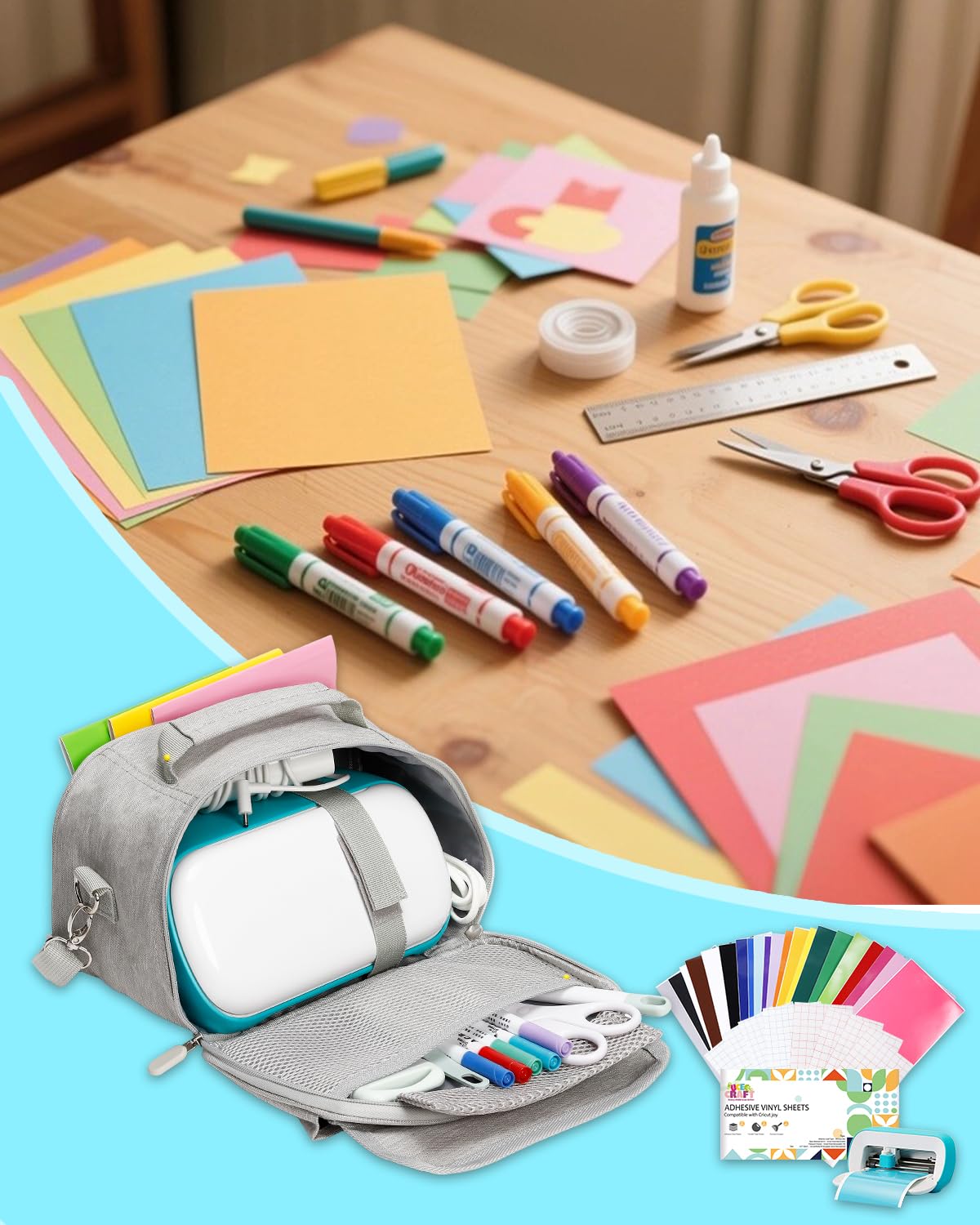 UCEC Craft Organizer Tote Bag & Smart Vinyl Set Compatible with Cricut Joy, Heat Press Accessories and Supplies, Portable Craft Organizer Carrying Case & 51 Sheets 5.5x12 in Vinyl Kit for DIY, Craft