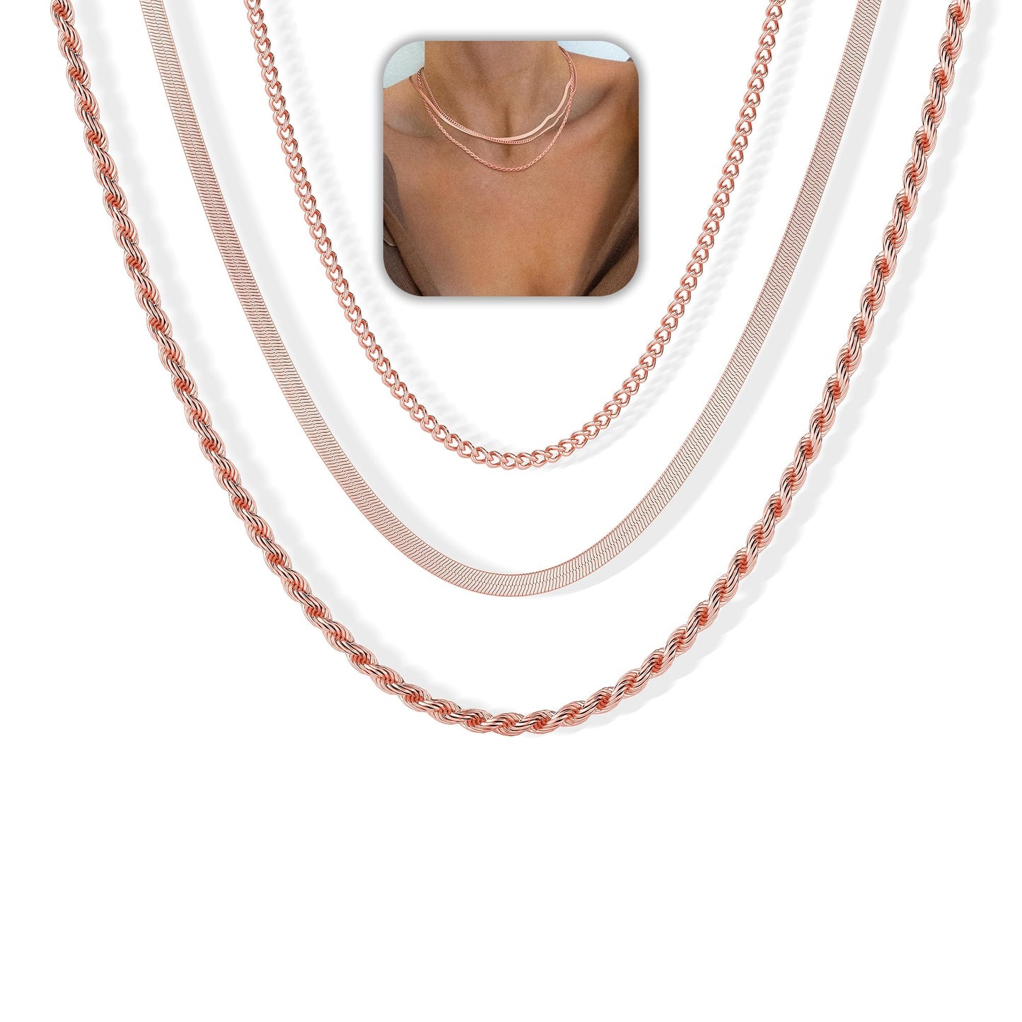 Freekiss Rose Gold Layered Necklaces for Women: Dainty Herringbone Rope Cuban Link Chain Necklace Set, 14K Rose Gold Plated, Non-Tarnish, Simple, Perfect for Layering, Gifts, and Daily Wear