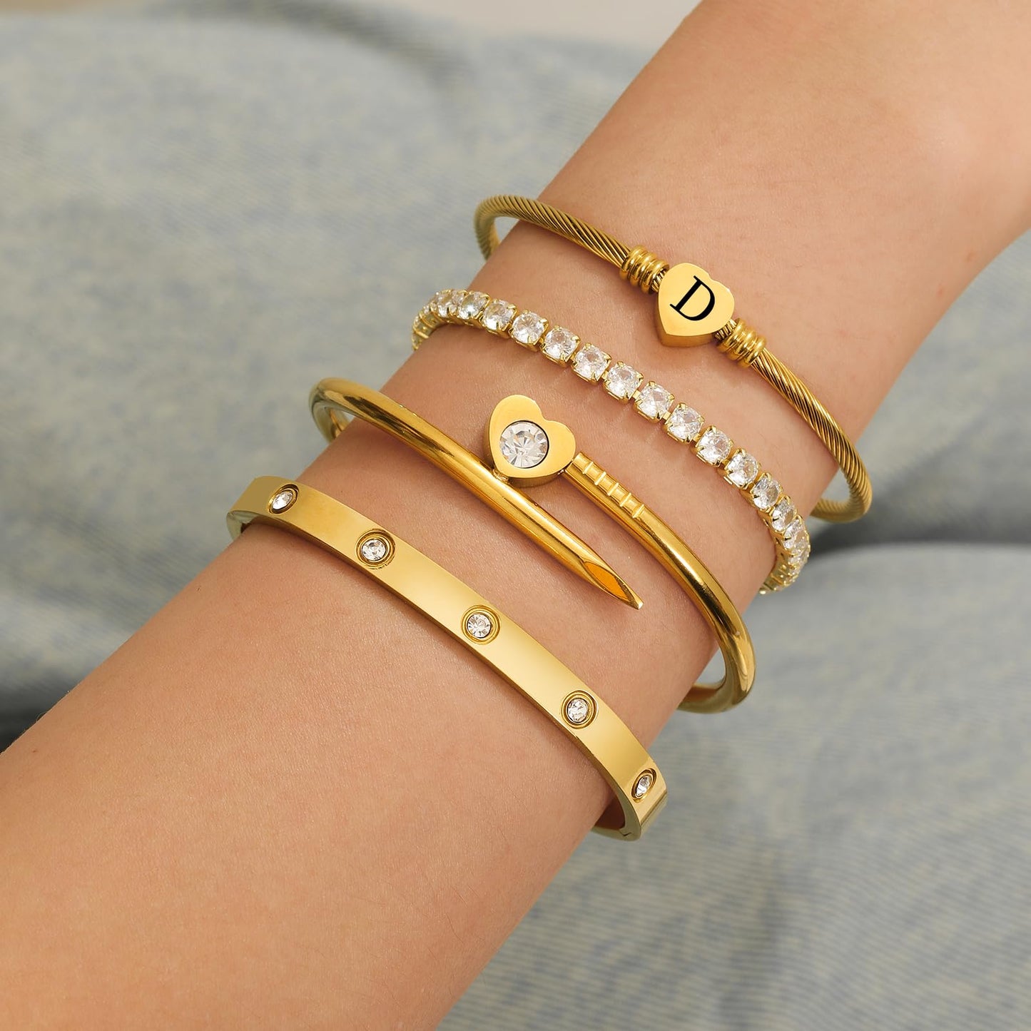 MEIERYA18K Gold Plated Nail love Bangle Bracelet Set for Women,Cubic Zirconia,Adjustable tennis bracelet Trendy Gift Jewelry for Mother's Day Anniversary (04-Style-D)