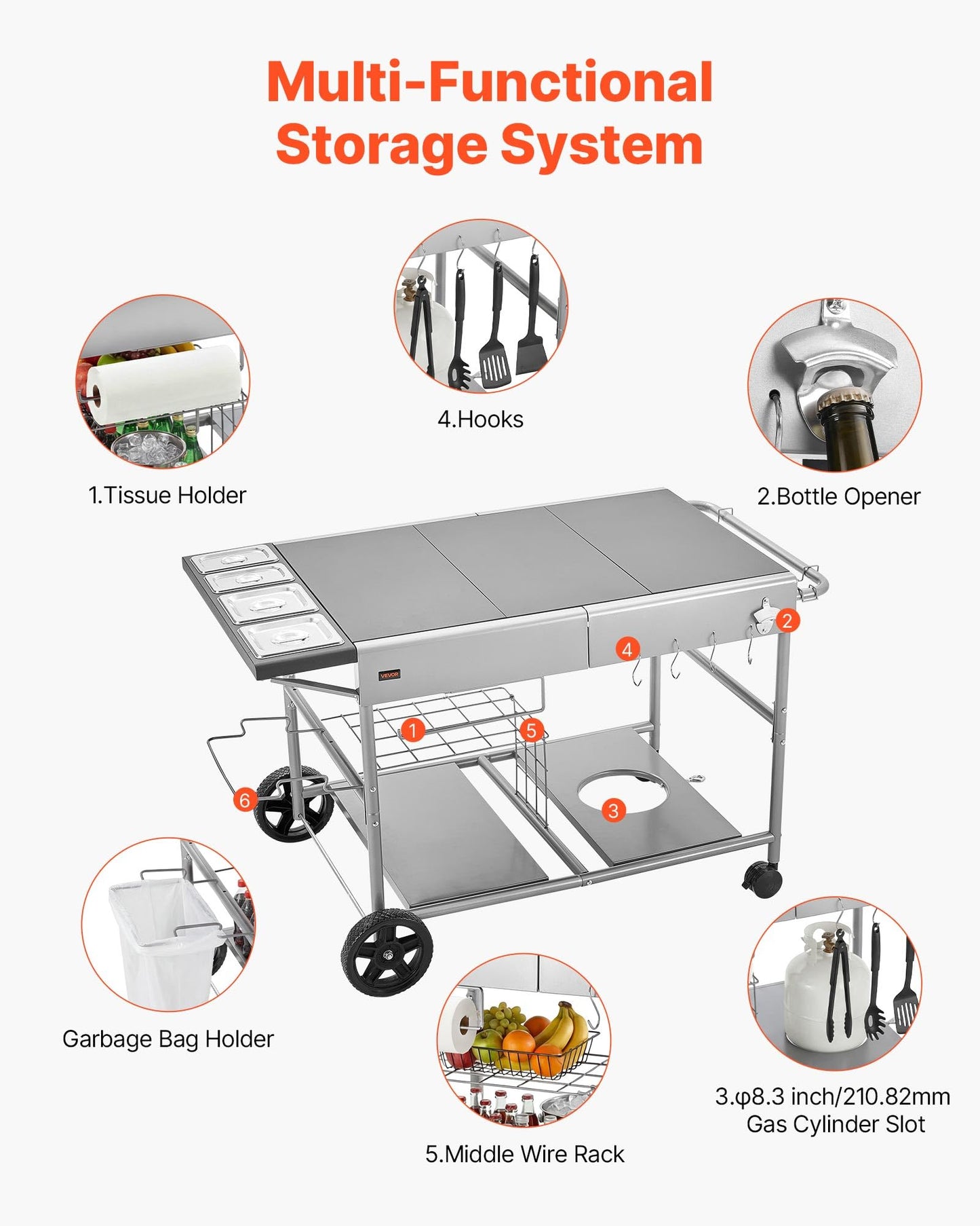 VEVOR Outdoor Grill Cart, 36.4 x 23.4 x 1 inch Tabletop Size Grilling Table, Movable Outdoor Cooking Table with 4 Spice Containers, Wheels, Lids, Hooks, BBQ Prep Tables for Picnic, Kitchen, Courtyard