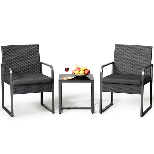 Gizoon 3 Pieces Patio Bistro Sets, Outdoor Rattan Conversation with Glass Table, Wicker Furniture Set with Cushion, for Backyard, Porch, Poolside, Lawn, Black