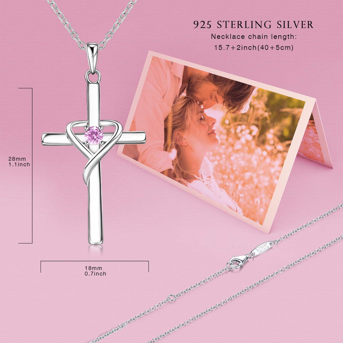AmorAime 925 Sterling Silver Cross Necklace for Women Men 14K Gold Plated 5A CZ Birthstone Necklaces for Holiday (J.Pink-October-Tourmaline)