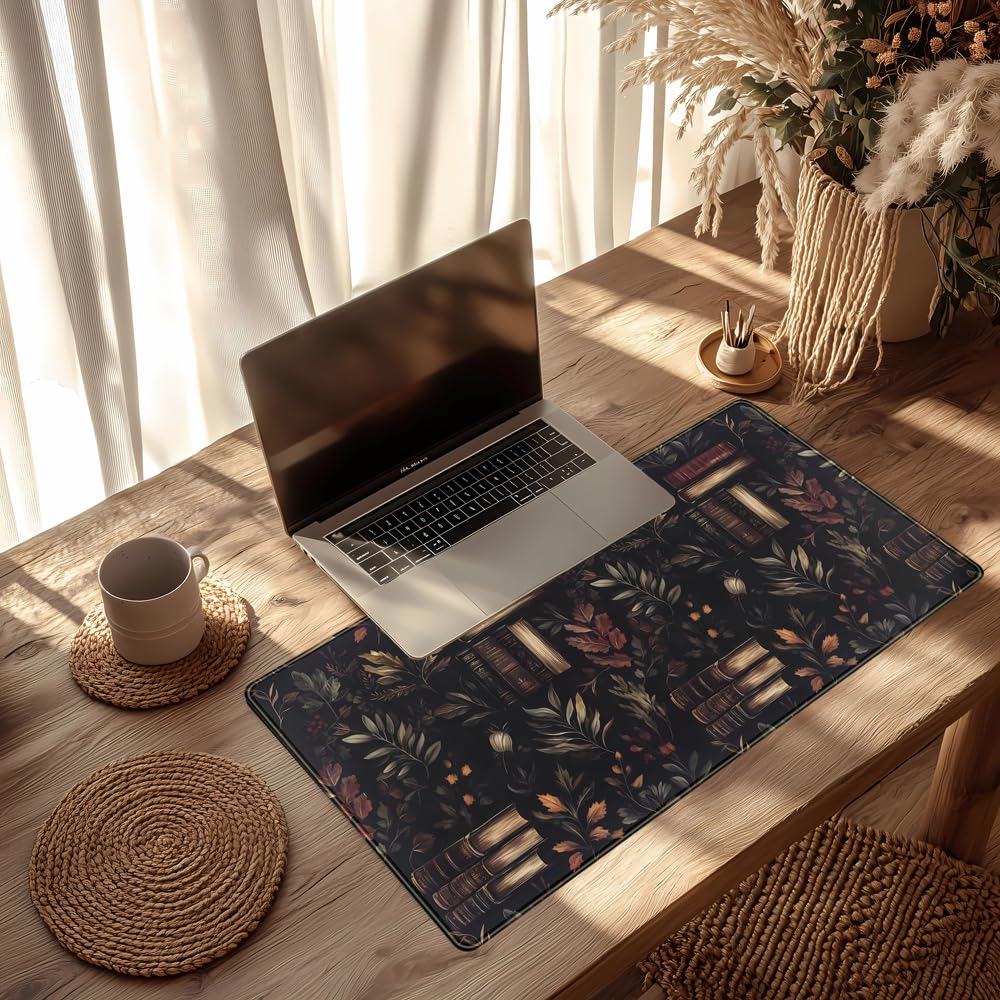 Vintage Plant Desk Mat Gaming Large Mouse Pad, Vintage Books Gothic Desk Pad Bookcase Mouse Mat XXL Laptop Keyboard Pad, Laptop Keyboard Mousepad Aesthetic Accessories for Women 31.5" X 15.7"