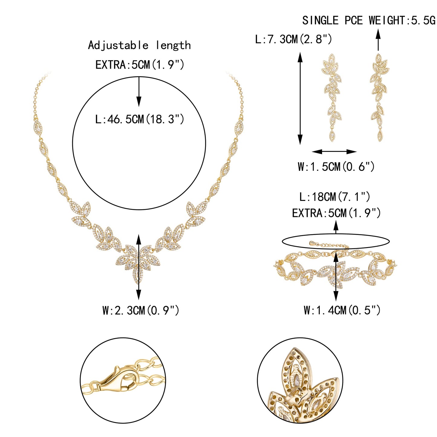 EVER FAITH Cubic Zirconia Bridal Jewelry Set for Bride Bridesmaid, Elegant Marquise Leaf Necklace Dangle Earrings Bracelet Sets for Woman Clear Gold-Plated-Brass