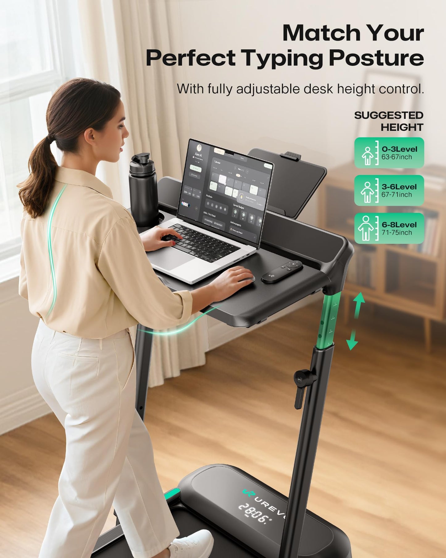 UREVO Foldimix 5L 9% Auto Incline Foldable Treadmill, with Height-Adjustable Desk, 3.0HP Ultra-Quiet Brushless Motor, 400lb Capacity Workstation