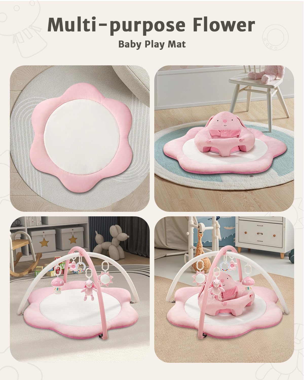 3-in-1 Baby Play Mat, Baby Seats for Infants for Sitting Up, Tummy Time Mat with 5 Detachable Toys, Activity Gym & Playmats for Babies 0-6 6-12 Months, Newborn Babies Shower Gifts