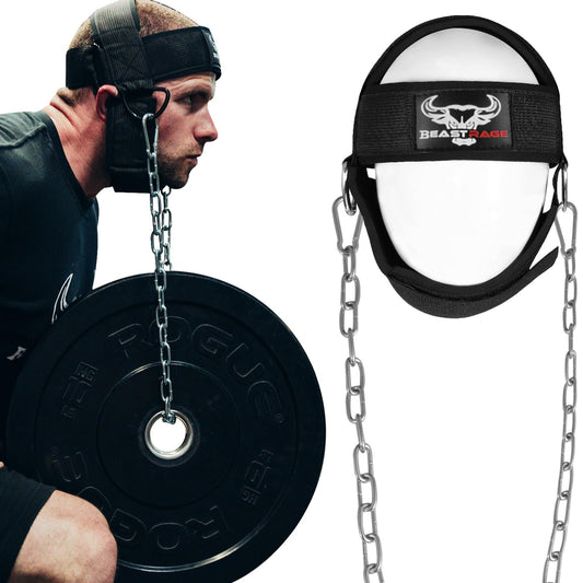 BEAST RAGE Neck Harness for Men, Long Steel Chain 30 inches Weightlifting Head Trainer Adjustable Strap Workout Muscle Strengthener Gym Training Ladies Chin Weight Training Padded Support (Black)