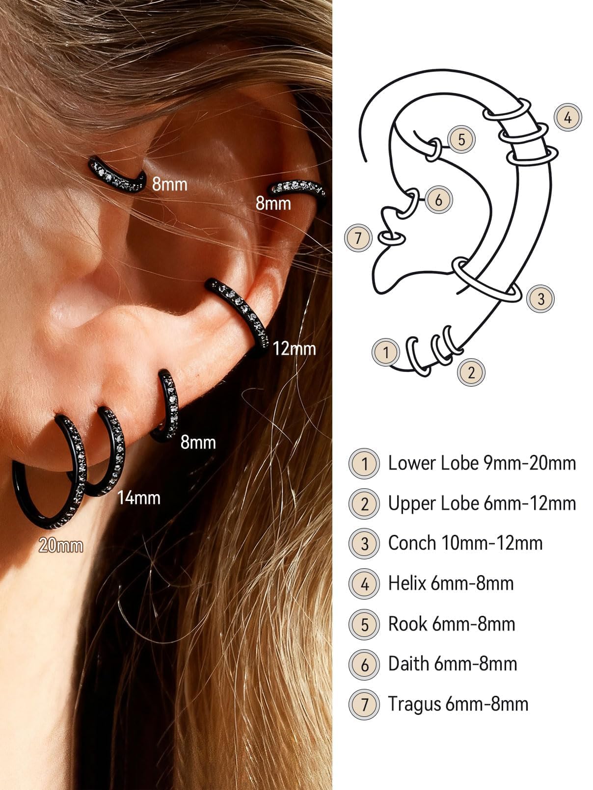 FaithHeart Cubic Zirconia Hoop Earrings for Women, Black Hypoallergenic Huggie Hoop Earrings, Small Cartilage Earrings for Women 8mm, Send Gift Box