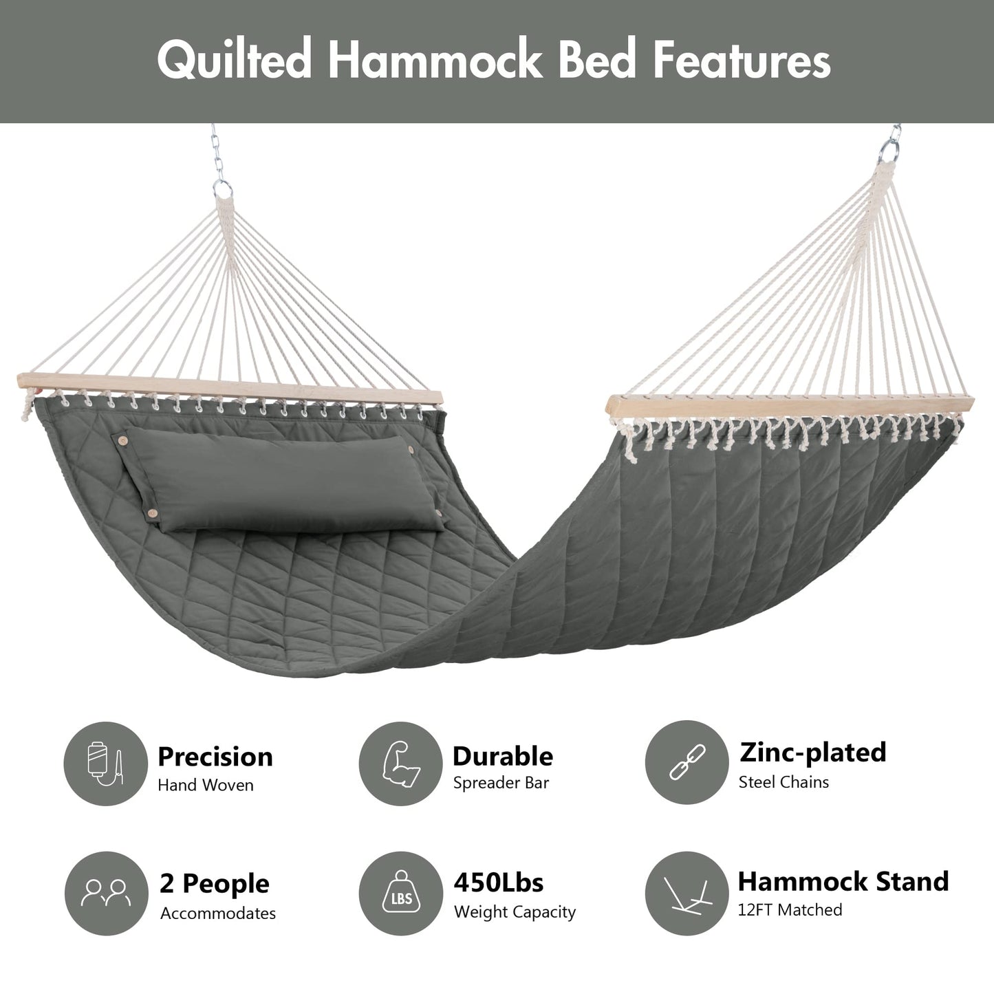 ANOW 2 Person Hammock with Spreader Bars and Detachable Pillow, Quilted Hammock for Outdoors Indoors, 450 LBS Weight Capacity, Gray