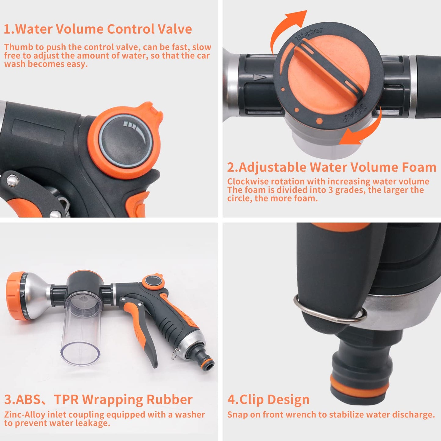 Hongmai Garden Hose Nozzle,8 Patterns Hose Sprayer High Pressure,Heavy Duty Dog Wash,Metal Water Hose Nozzle with Soap Dispenser,Car Wash Foam Gun With Pets Things