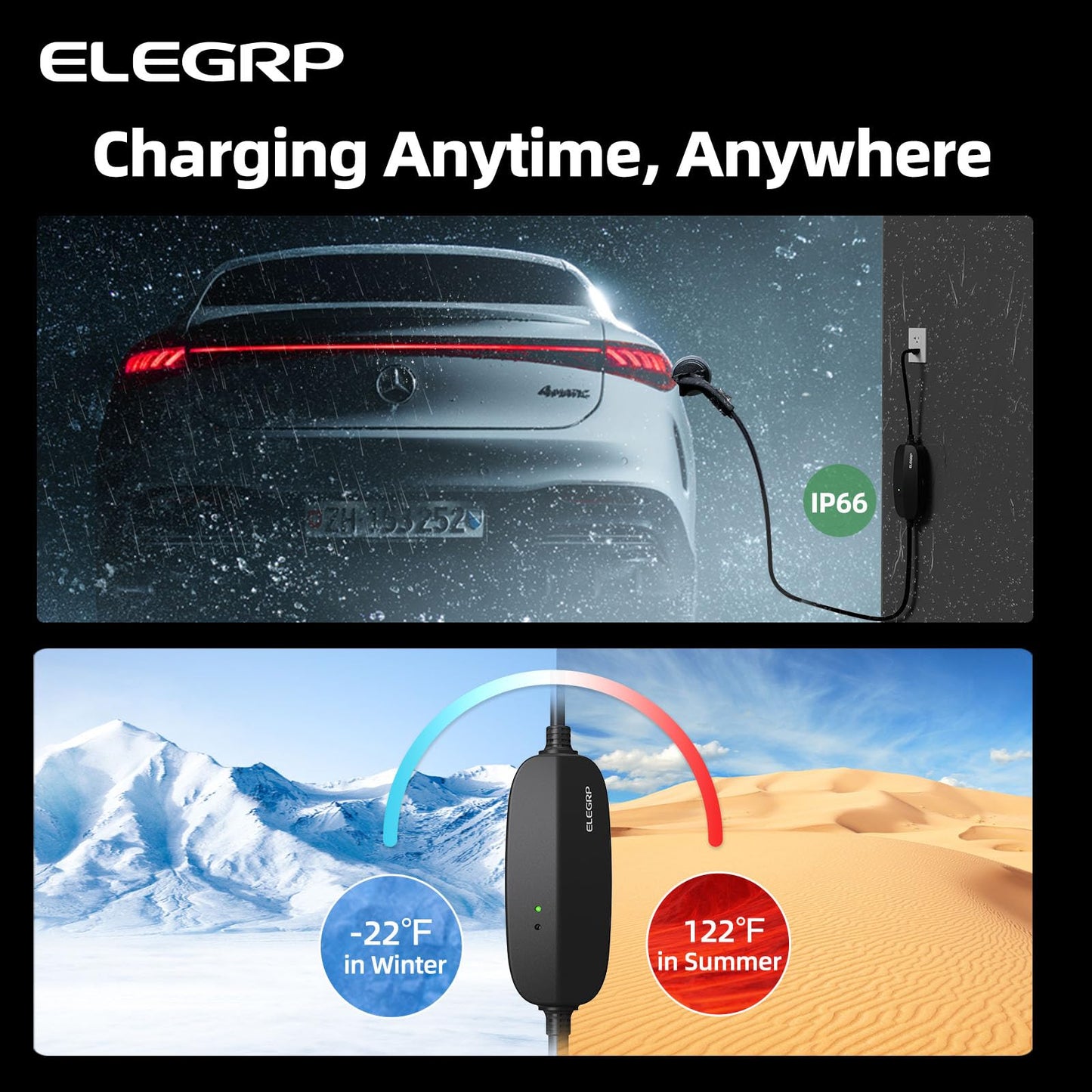 ELEGRP Level 1/2 EV Charger, 16 Amp, Portable J1772 Electric Car Charger, 25FT Cable, NEMA 6-20 & 5-15 Adapter, 110V-240V for BEVs/PHEVs, PBE & LRC Technology