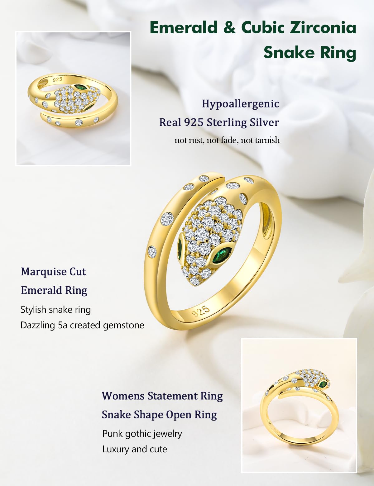 RANDES Snake Ring Sterling Silver Green Emerald Cubic Zirconia Statement Cocktail Rings for Women Men Adjustable Fashion Punk Jewelry Size 10