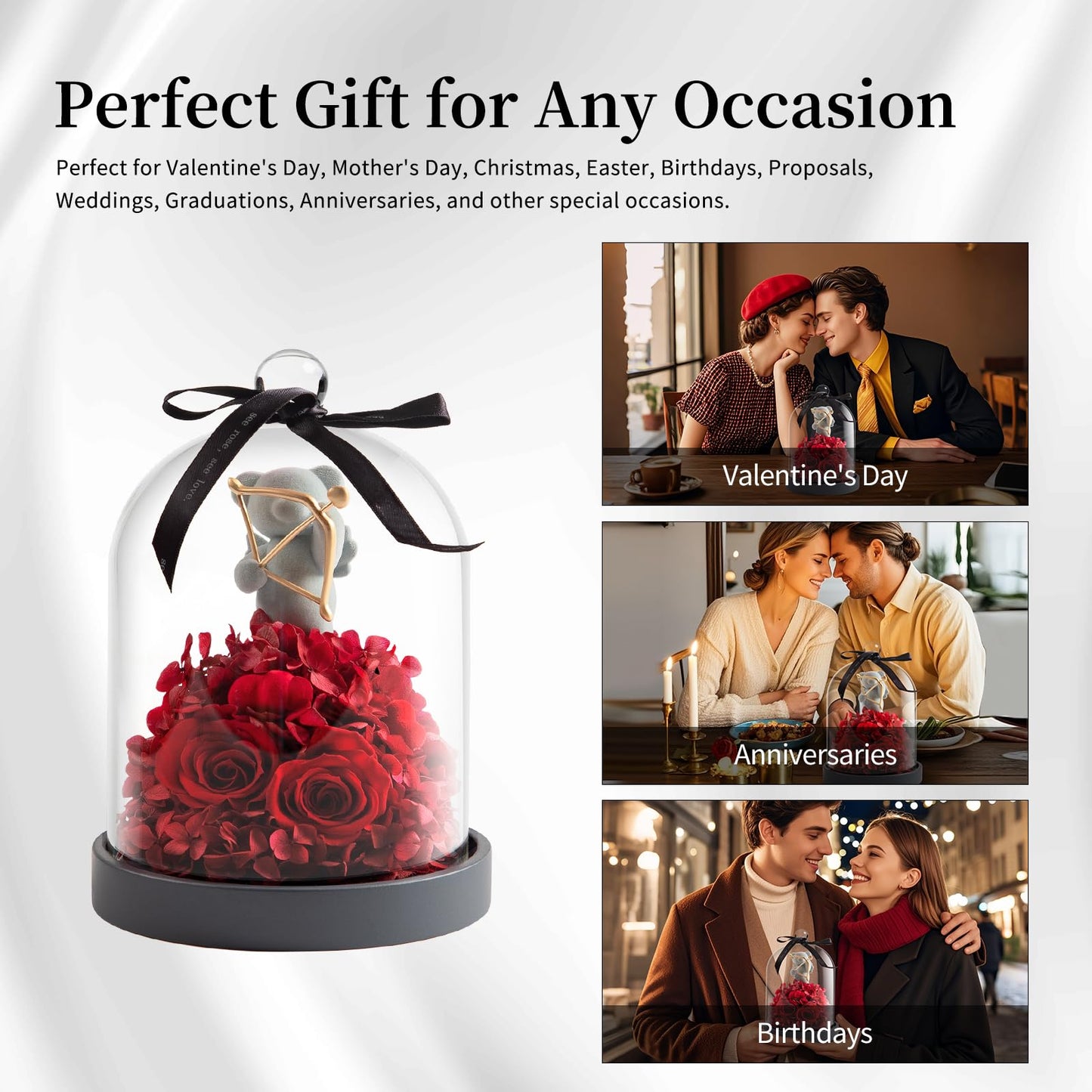 SEEROSE Preserved Roses in Glass with Cupid Rose Bear, Real Forever Rose with Elegant Gift Box, Cute Valentine's Day, Anniversary, Birthday Gift for Her Wife Girlfriend Mom (Cupid Bear, Red)
