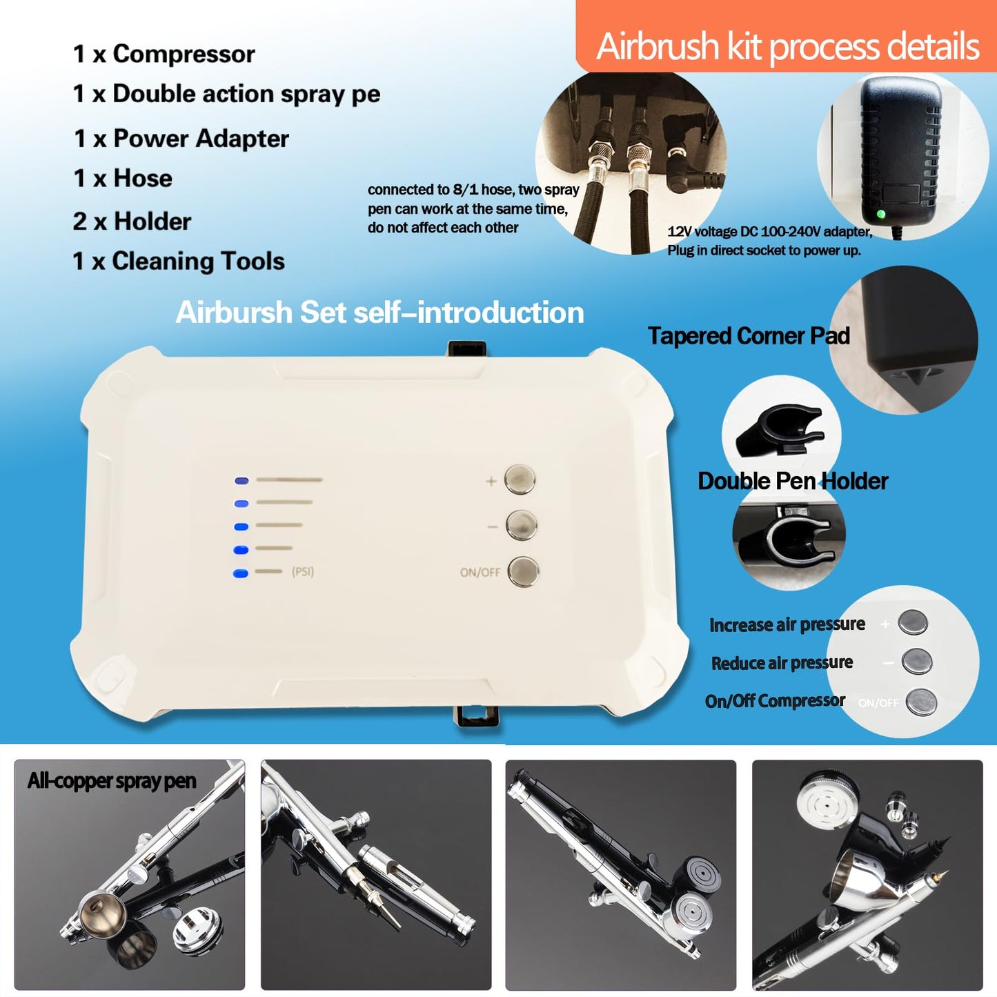 NAMEIZI Airbrush Kit with 55PSI High Pressure Compressor, Dual Action Non-Clog Air Brush Set, Portable Airbrushing Tools for Nail Art, Model Painting, Cake Decor, Tattoo, Leather Repair, DIY T-Shirt