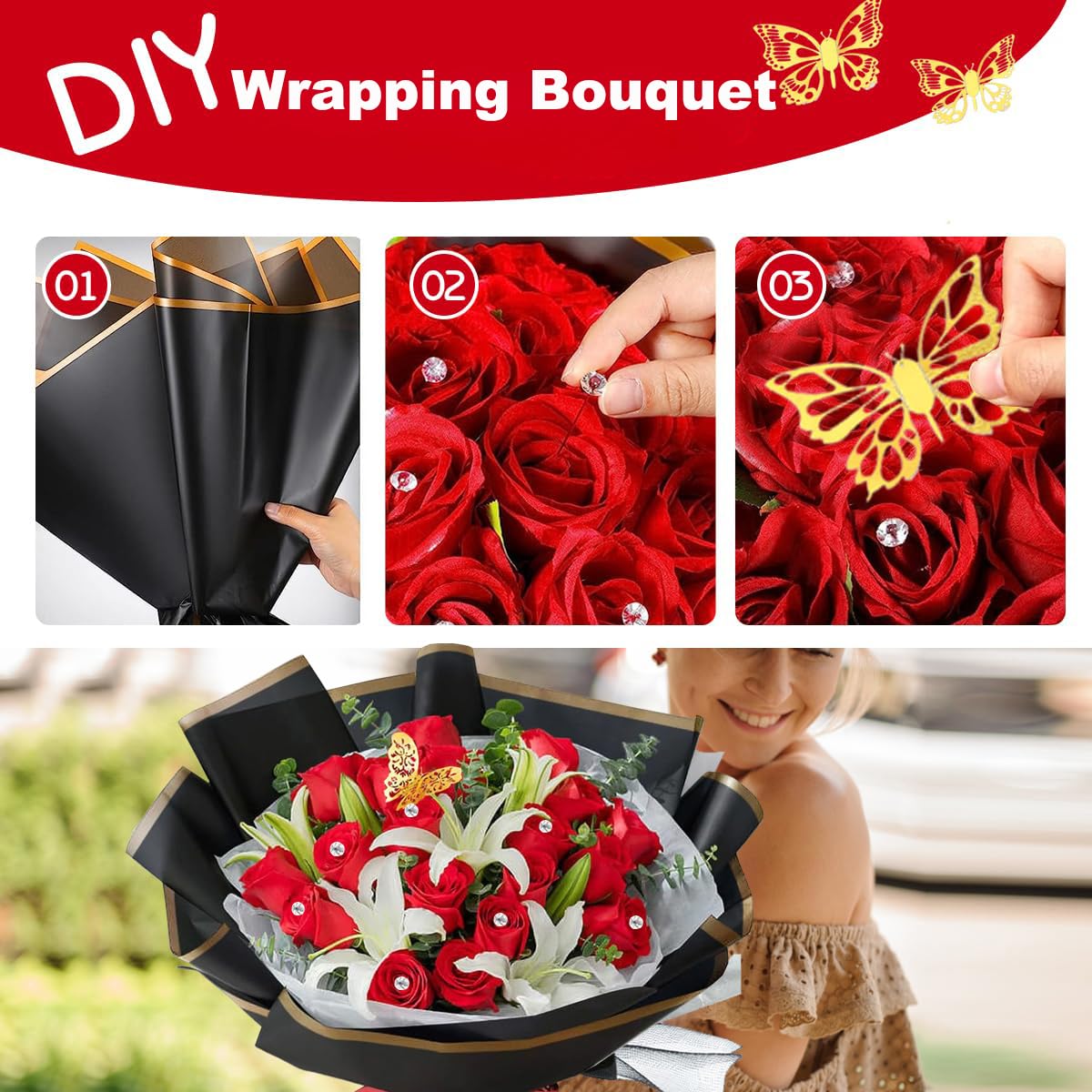 179Pcs Flower Wrapping Bouquet Paper Kit with 20 Sheets Black Floral Wrapping Paper,100 Pcs Diamond Bouquet Pins, 48Pcs 3D Gold Butterflies,1Roll Ribbon,10 Cards for Graduation Birthday Wedding DIY Craft