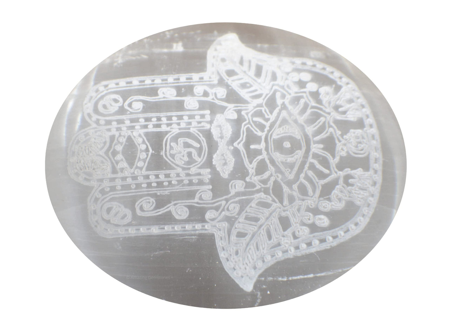 Amazing Gemstone Selenite Palm Stone - Hamsa Hand Engraved Hot Massage Worry Stone for Natural Body Chakra Balancing, Reiki Healing and Crystal Grid