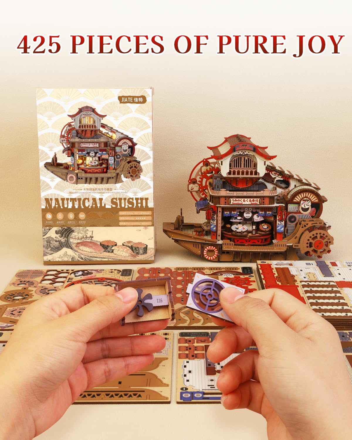 Nautical Sushi 3D Puzzles for Adults, 425PCS Wooden Mechanical Model Building Kit with Music and Lights, Miniature House Kit, Unique Home Decor Craft Gifts for Christmas Birthday