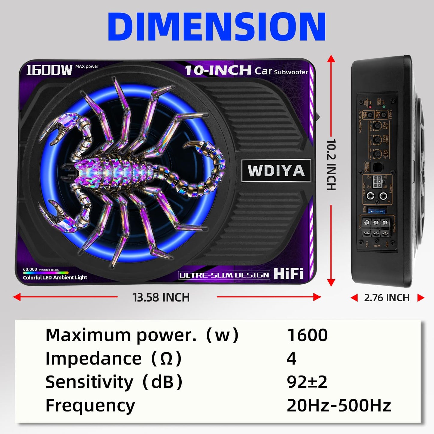 WDiYA Upgraded 1600W 10" Slim Under Seat Subwoofers with Amp & LED Ambient Lights for Truck/Car - Deep Bass, Individual Controls (LPF/Gain/Bass Boost), High Output Distortion-Free Audio
