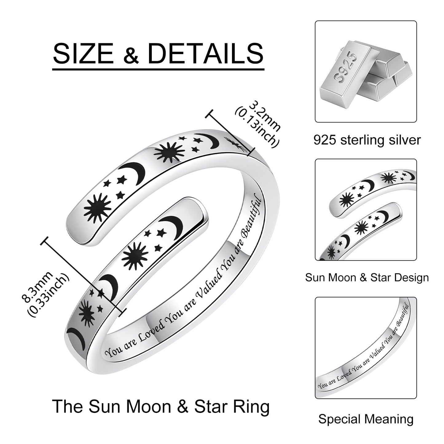 925 Sterling Silver Inspirational Jewelry Adjustable Wrap Open Ring Encouragement Gift for Women (Sun & Moon - You are Loved You are Valued You are Beautiful)