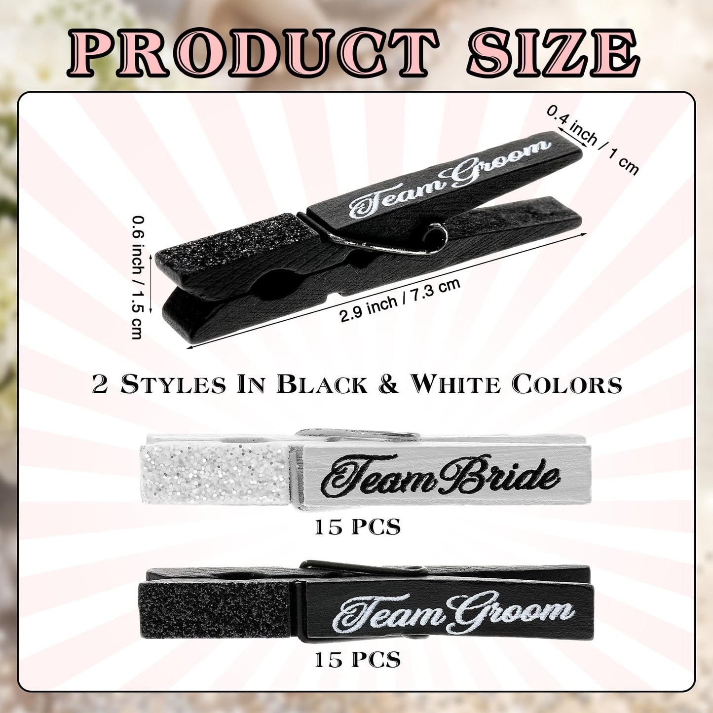 Tinlade 30 Pcs Wedding Game Party Favor Team Bride & Groom Set Glitter Black White Clothes Pins for Guest Wedding Wall Hanging Picture Clip Decor for Bridal Shower Bachelorette Send off Party Supplies