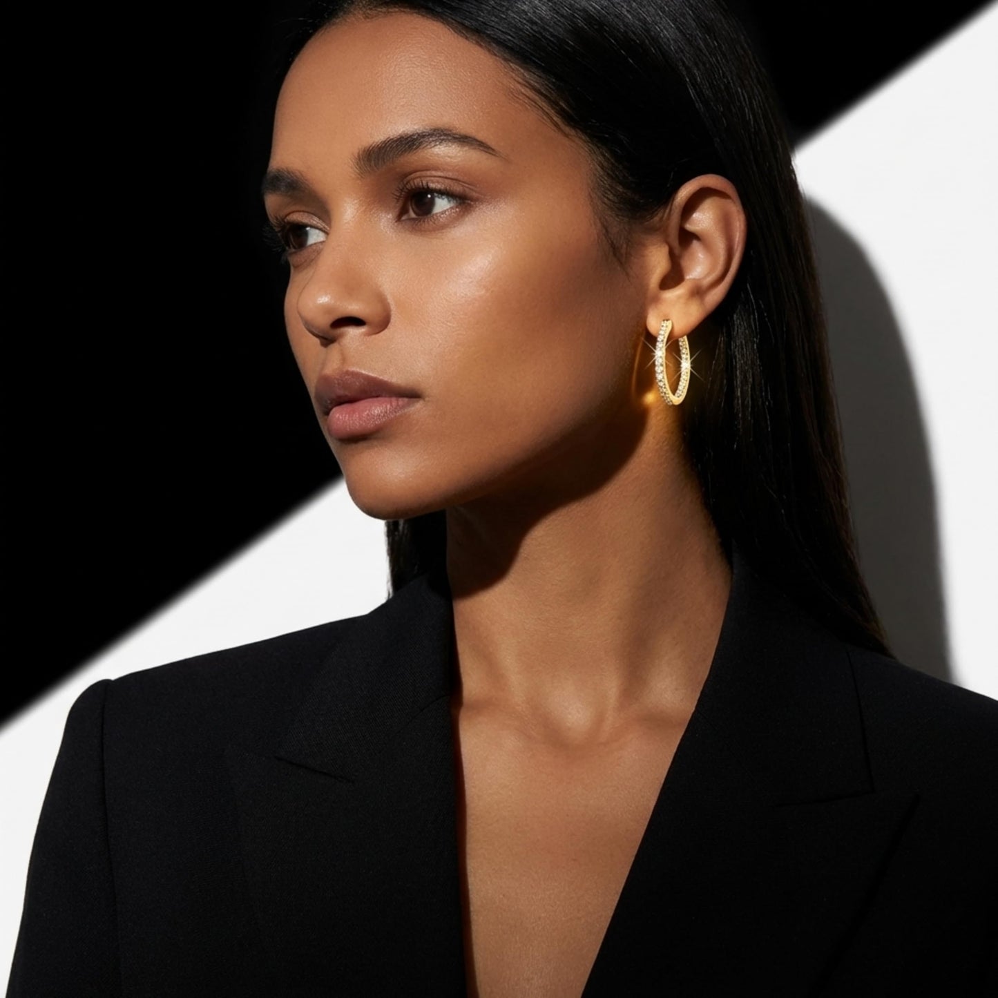 Suiune 14K Yellow Gold Hoop Earrings for Women, Hypoallergenic Dual-Sided Cubic Zirconia Hinged Hoops Jewelry for Woman, 2mm x 20mm
