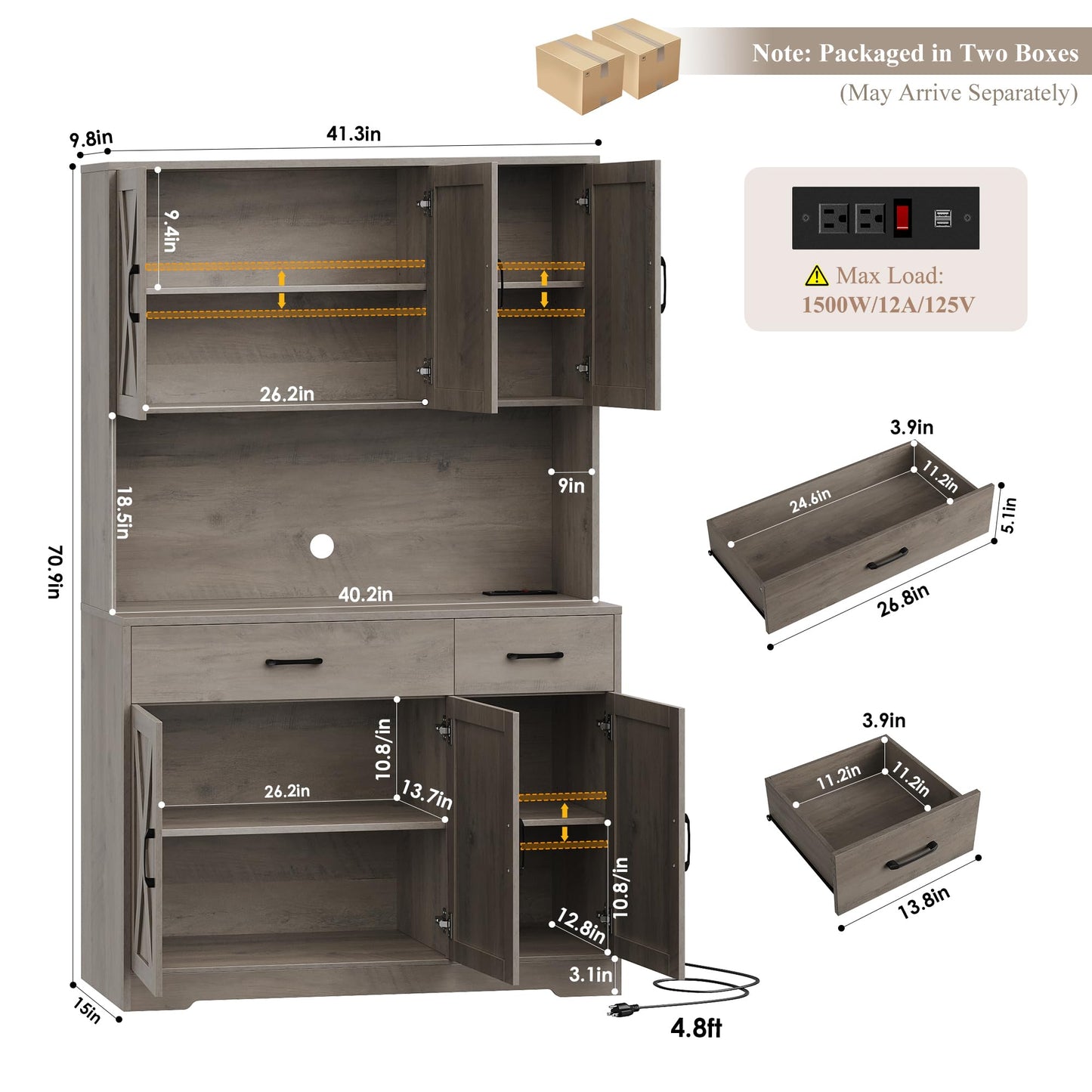 HOSTACK 71" Pantry Cabinet with Charging Station, Tall Kitchen Pantry Storage Cabinet with Microwave Stand, Farmhouse Kitchen Hutch with Storage Drawers for Living Room, Dining Room, Ash Grey