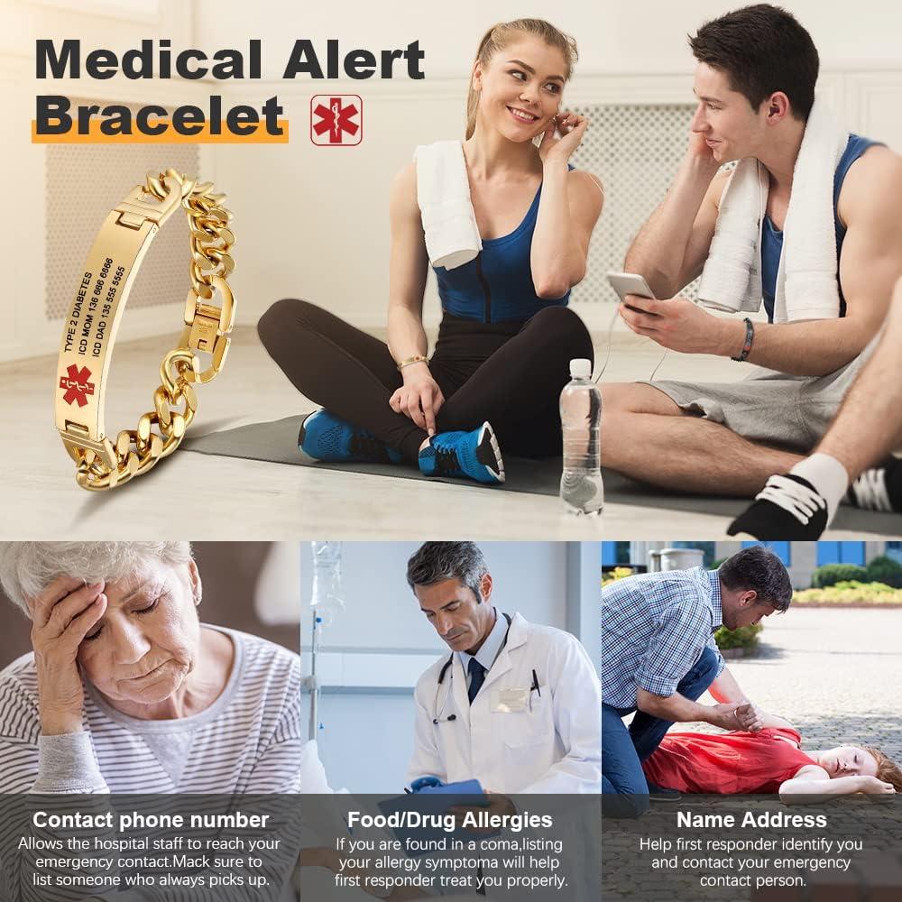 Giftider Custom Medical Alert Bracelet Engraved Emergency ID Stainless Steel Bracelets for Adults Men Women 7.5-8.5-9.8 Inch