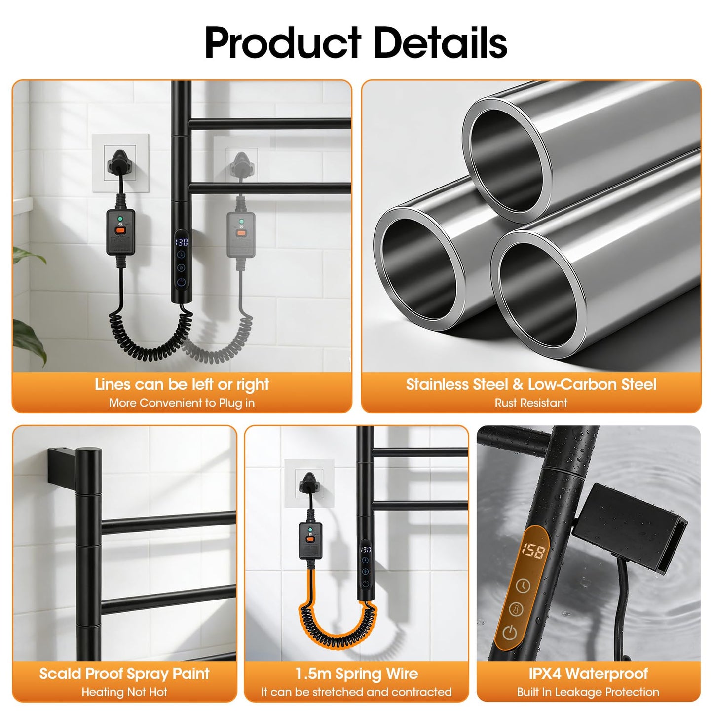 Swivel Heated Towel Rack, 180° Rotating, 5 Bars, Wall-Mounted, Electric Towel Warmer with Touch Panel, 1H-9H Timer, Temperature Regulation for Bathroom, Home, Salons and Spas