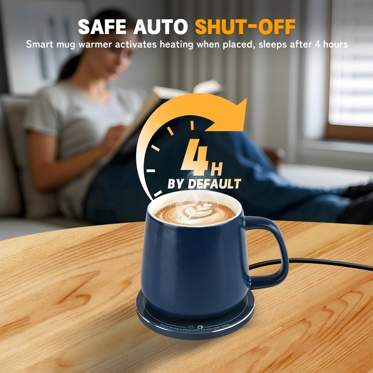 USBERG Smart-Warming Ceramic Mug & Plug in 15W Wireless Charger Combo - Keep Coffee Hot (131°F/55°C, USB-C) & Phone Charged, Cord-Free! 12.8 oz, Splash-Proof Lid (Navy Blue)