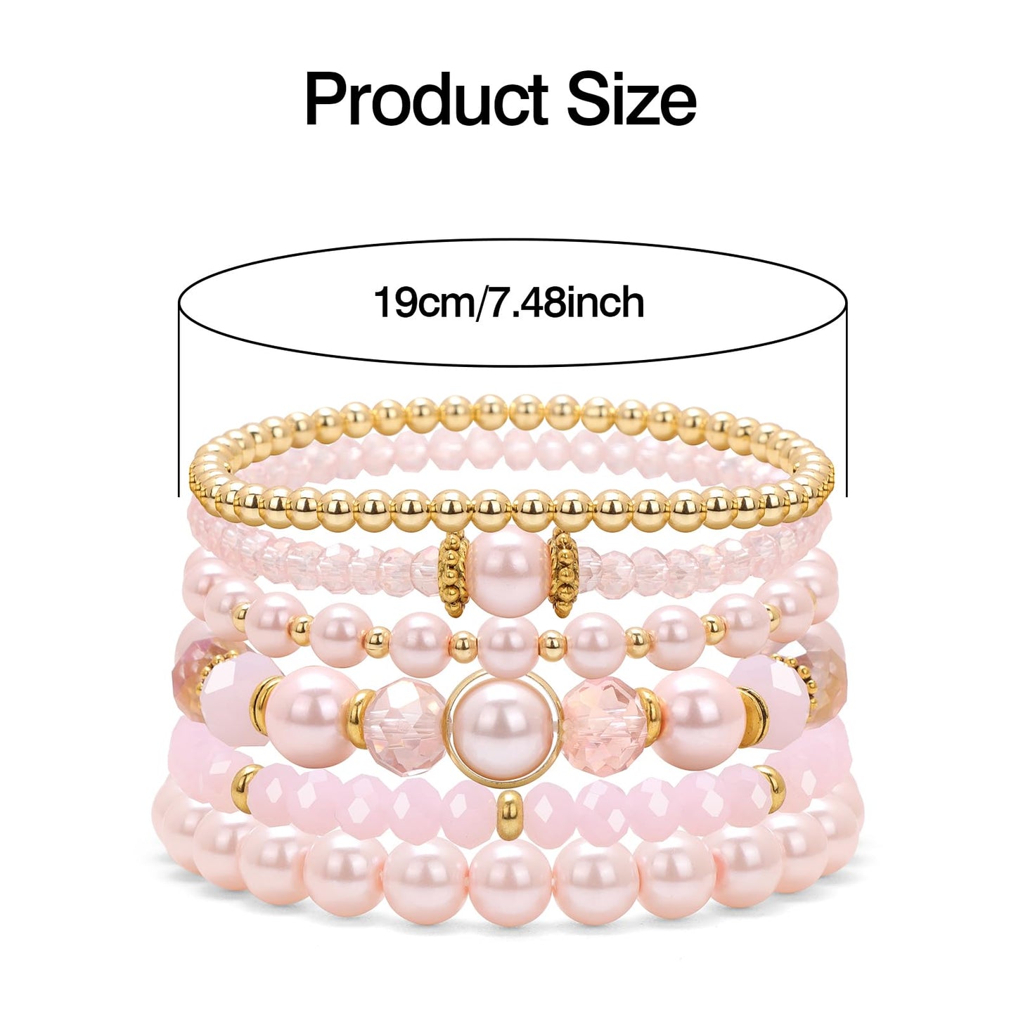 Raicegs 6PCS Beaded Bracelet 14K Gold Pearl Stretch Bracelet Stackable Crystal Beads Bracelets Boho Trendy Jewelry Gift for Women