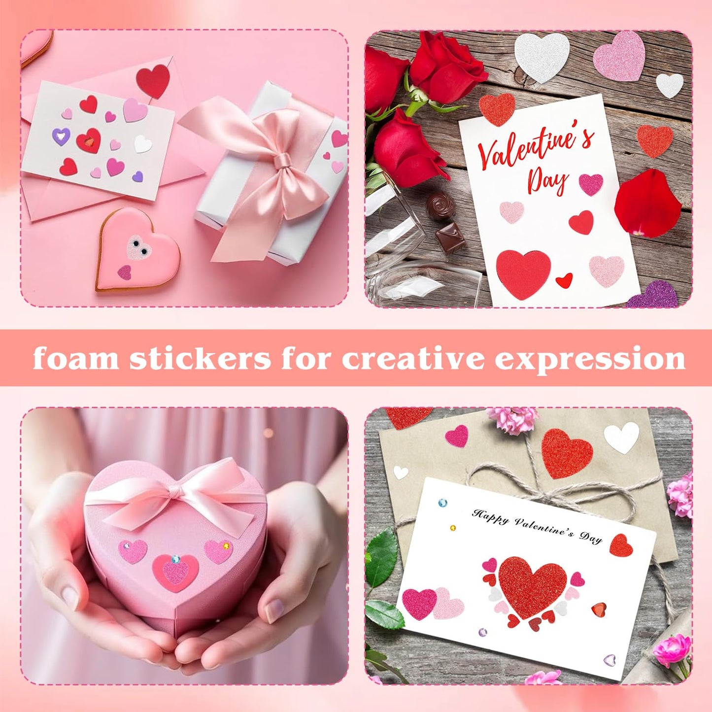 Japior 864 Pcs Valentines Foam Heart Stickers, Self Adhesive Glitter Heart Shaped Stickers with Gem Diomand and Googly Eyes for Valentine Craft Supplies