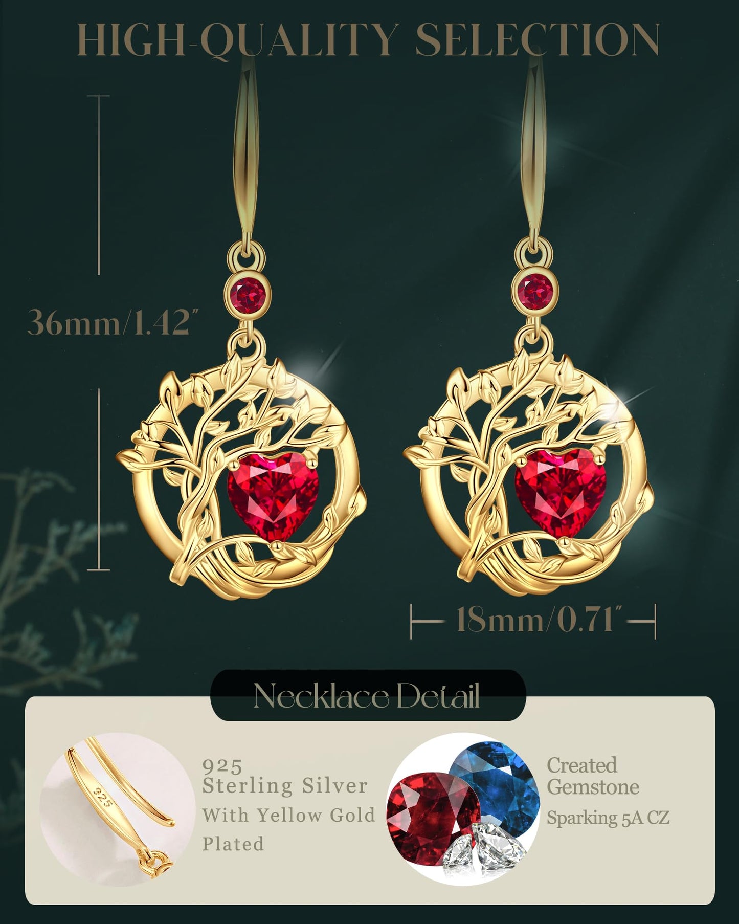 FANCIME Tree of Life Earrings 925 Sterling Silver Yellow Gold Plated Ruby Dangle Drop Red Gemstone Earring July Birthstone Jewelry Birthday Mothers Day Gifts for Mom Her Women
