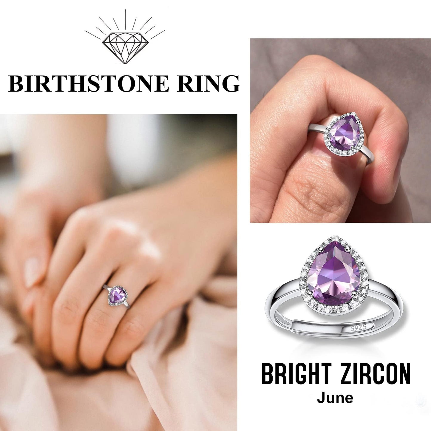 Bestyle Flattering June Alexandrite Teardrop Crystal Rings Halo Cubic Zirconia Rings for Women Dainty 925 Sterling Silver Hypoallergenic Adjustable Rings, Size #6-#12
