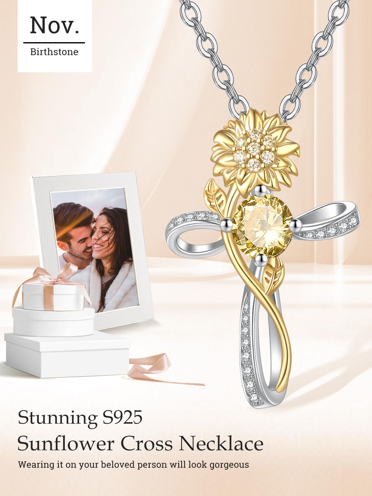 Cross Necklace for Women Sterling Silver Cross Pendant Jewelry with Sunflower Citrine November Birthstone Necklace Christian Religious Baptism First Communion Confirmation Birthday Gifts for Women