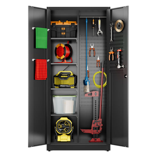 winbingon 61.61" H Metal Broom Closet Storage Cabinets with Pegboards and Hooks,Utility Closet Storage Cabinet with Hanging Rod and Adjustable Shelves for Garage,Laundry Room,Utility Room,Warehouse