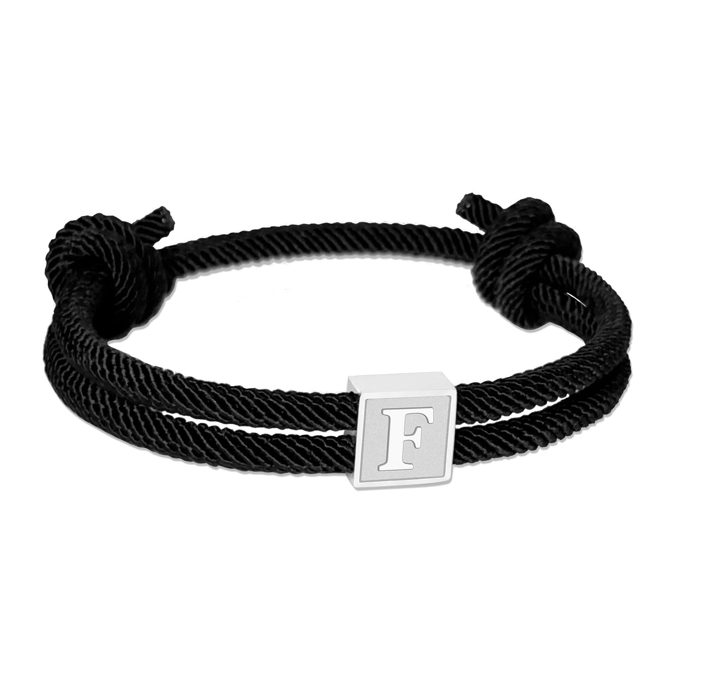 BHDJSHX Personalized Initial Rope Bracelet for Men, Stainless Steel A-Z Letter Bracelet,Adjustable Handmade Braided Black Cord,7-13 Inches,Gifts For Men,Brothers,Son,Boyfriend (F)