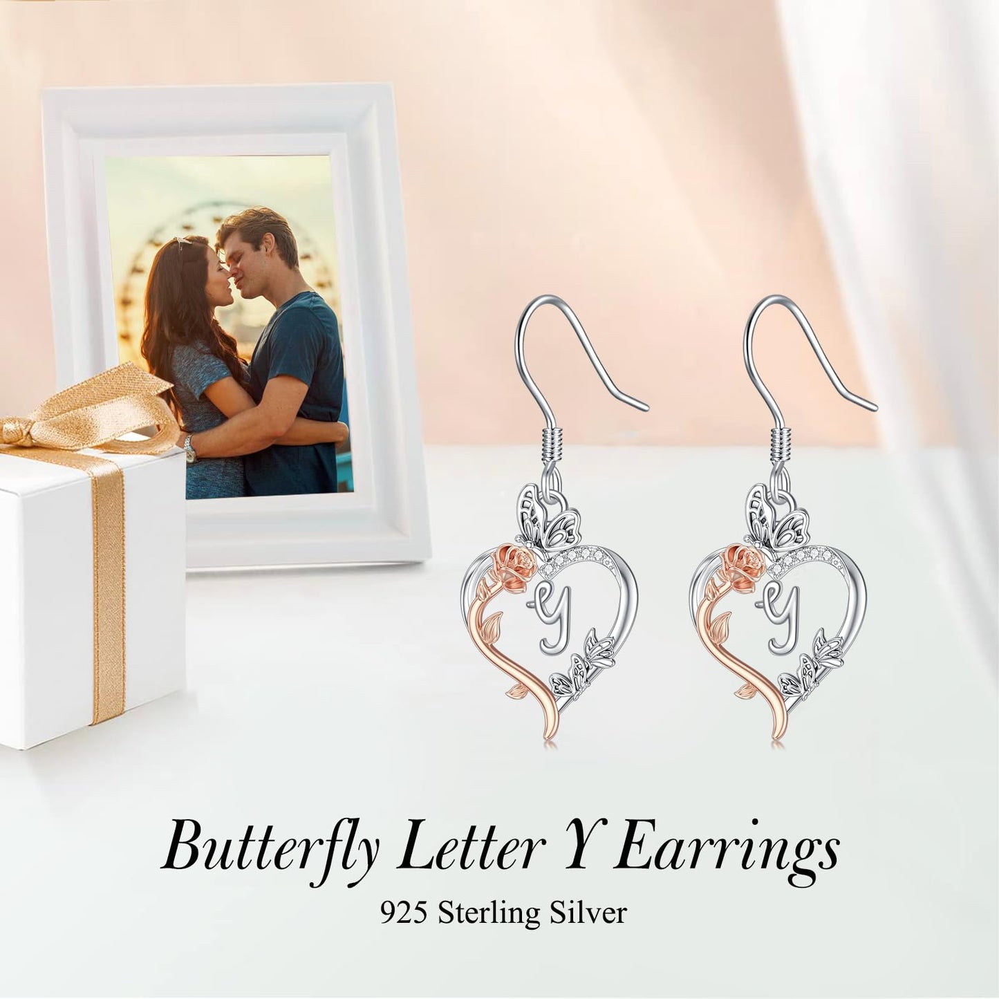 TOUPOP Rose Heart Initial Earrings Sterling Silver Butterfly Earring Initial Y Letter Drop Dangle Earrings Jewelry Anniversary Birthday Mothers Day Gifts for Women Mom Wife Girlfriend Her