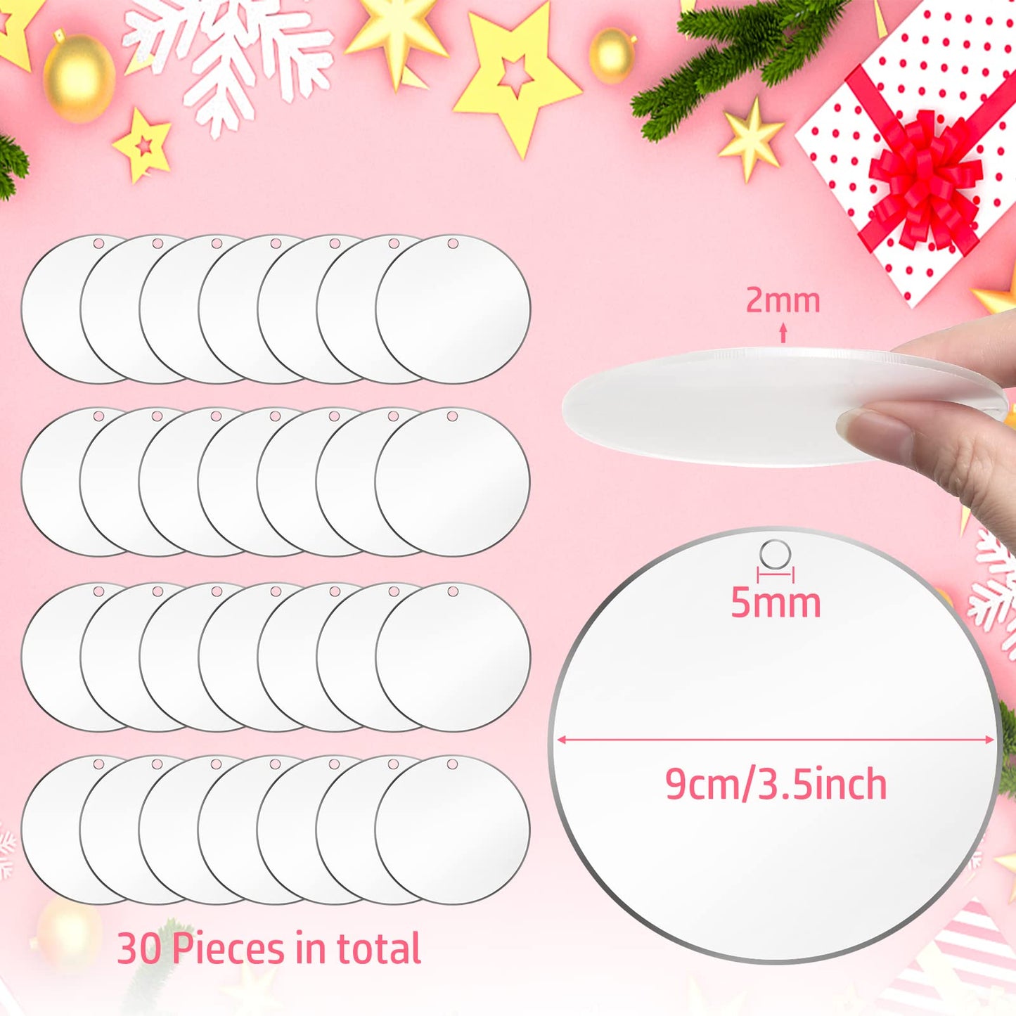 Cludoo 3.5 Inch Acrylic Ornaments Blanks, 30pcs Clear Round Acrylic Ornament Blanks, Acrylic Circle Disc Ornament Blanks with Hole for Vinyl, Christmas Decor, Engraving, Painting, and DIY Crafting