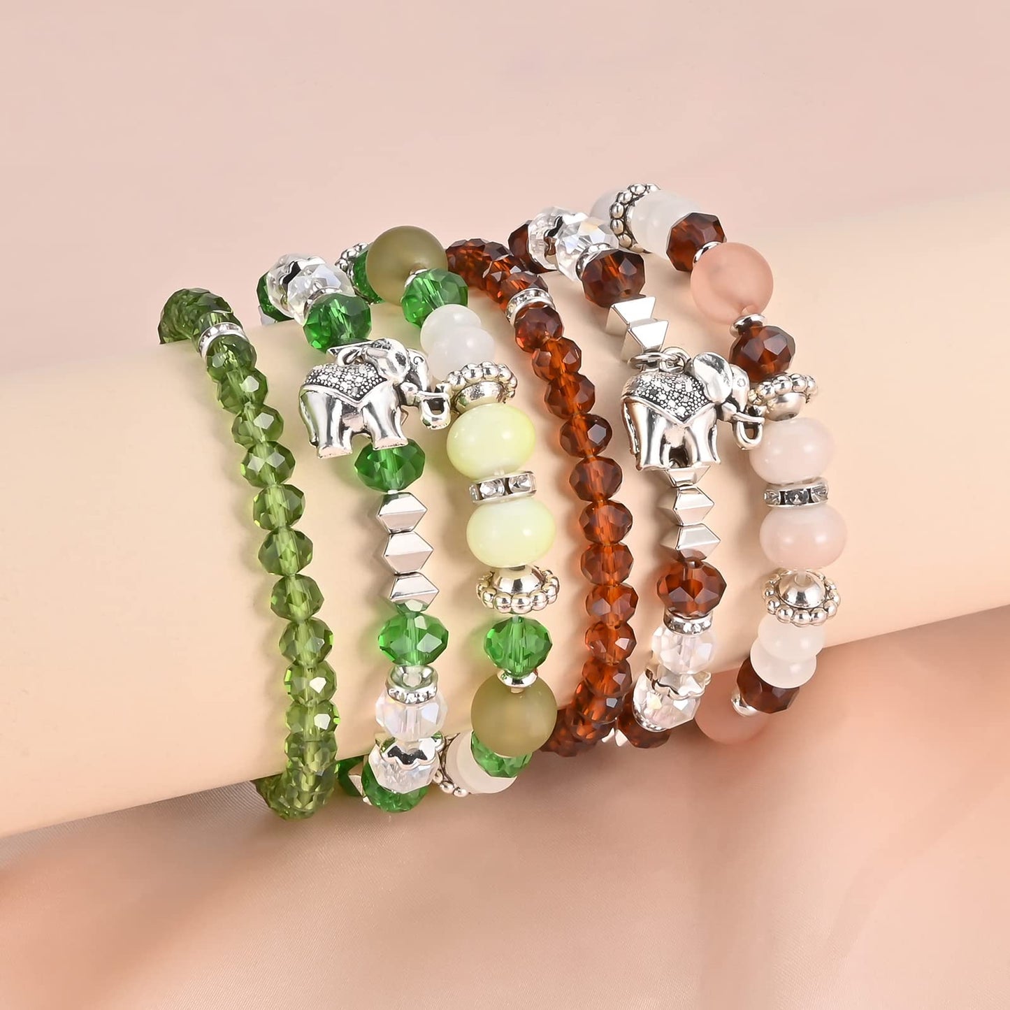 Bohemian Bracelet Sets for Women - 6 Sets Stackable Stretch Bracelets Multi-color Boho Jewelry for Women Hippie Bracelets Dainty Jewelry Best Friend (Elephent Bead Bracelets)