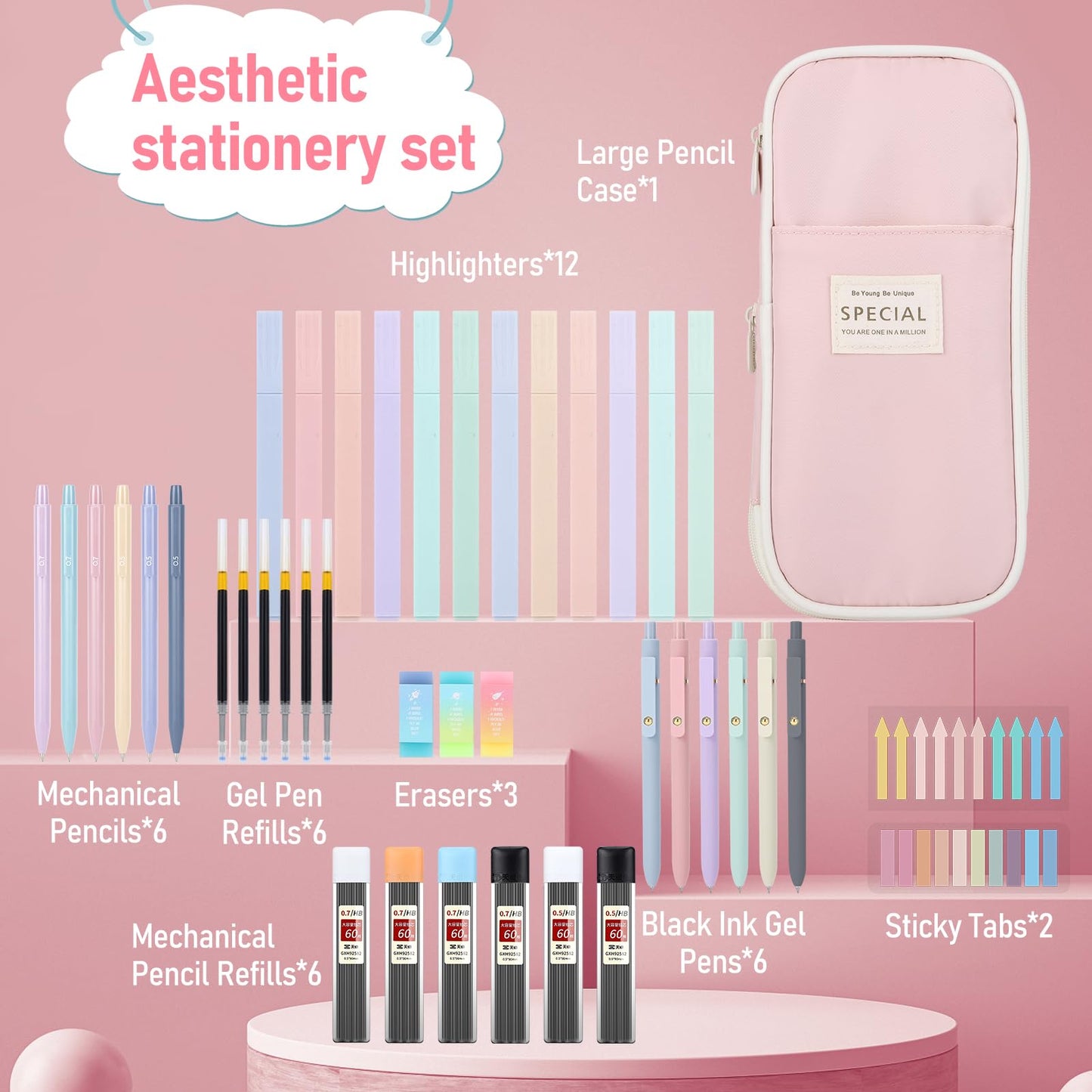 DRMAVI 42PCS Aesthetic School Supplies with Large Pencil Case, 12 Pastel Highlighters,6 Black Ink Gel Pens,6 Cute Mechanical Pencils Set 0.5 & 0.7 mm for Students Stationary College Essentials(Pink)