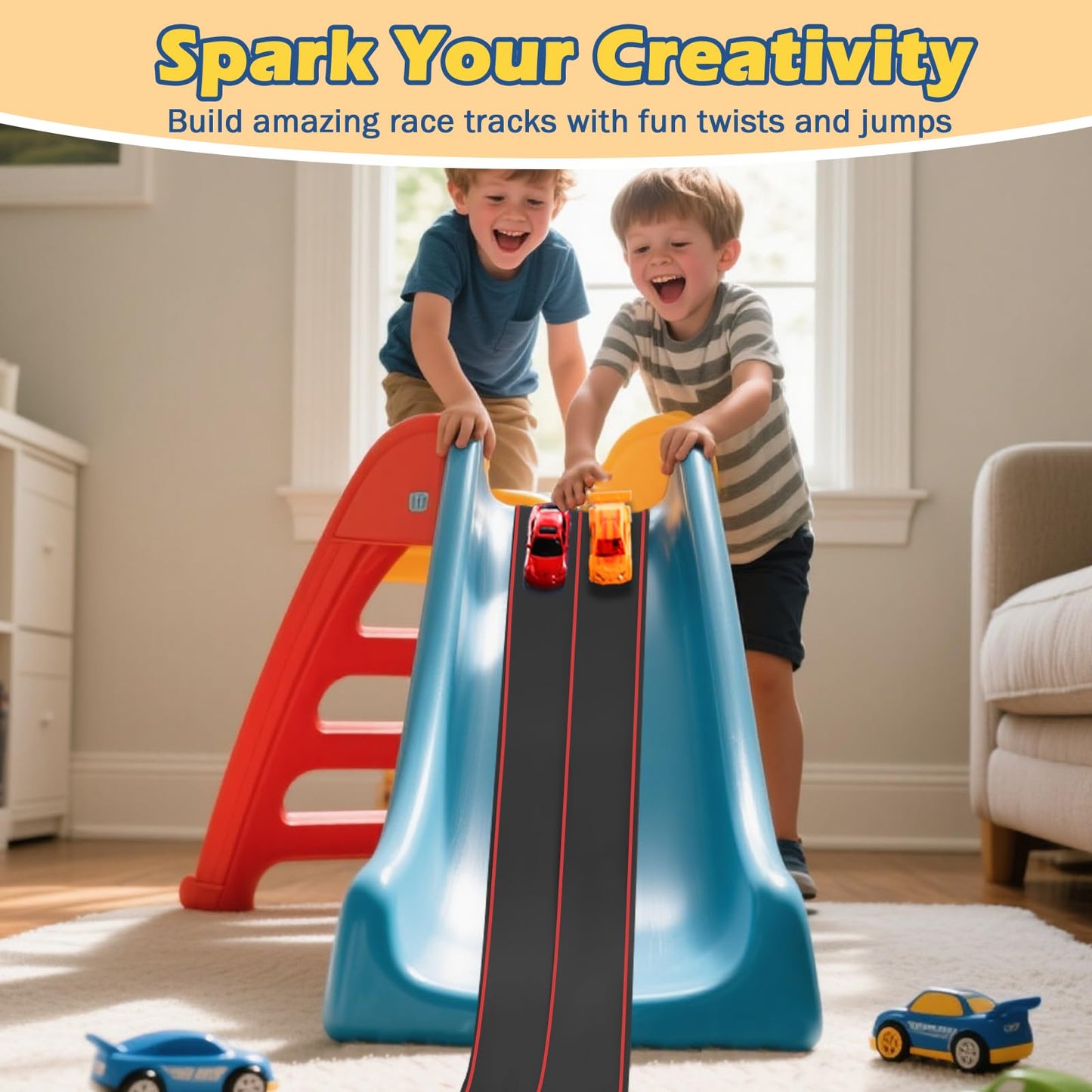 Flexible Race Track for Kids, 15Ft Flexible Car Track Race Car Track Compatible with Hot Wheels and Diecast 1/64th Cars, Flex Tracks Roll Up Race Ramp Toy with Strong Suction Cups