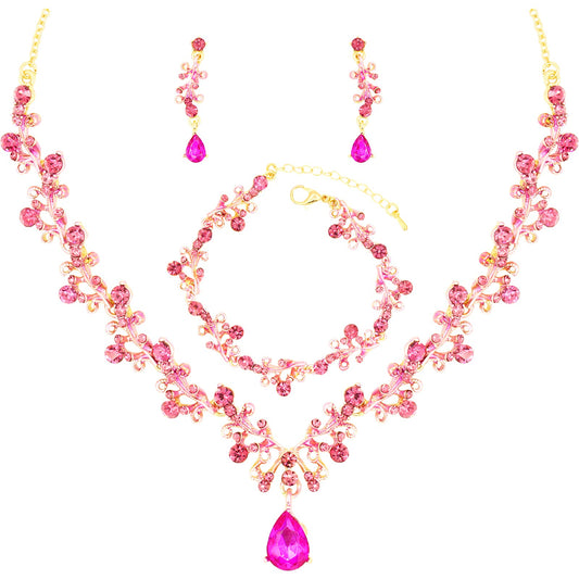 3Pcs Austrian Crystal Jewelry Set for Women, Necklace Dangle Earrings Link Bracelet Jewelry Set with Gold/Platinum/Gun Plated, Wedding Party Jewelry for Bridal Bridesmaid (Rose Red-Gold Plated)