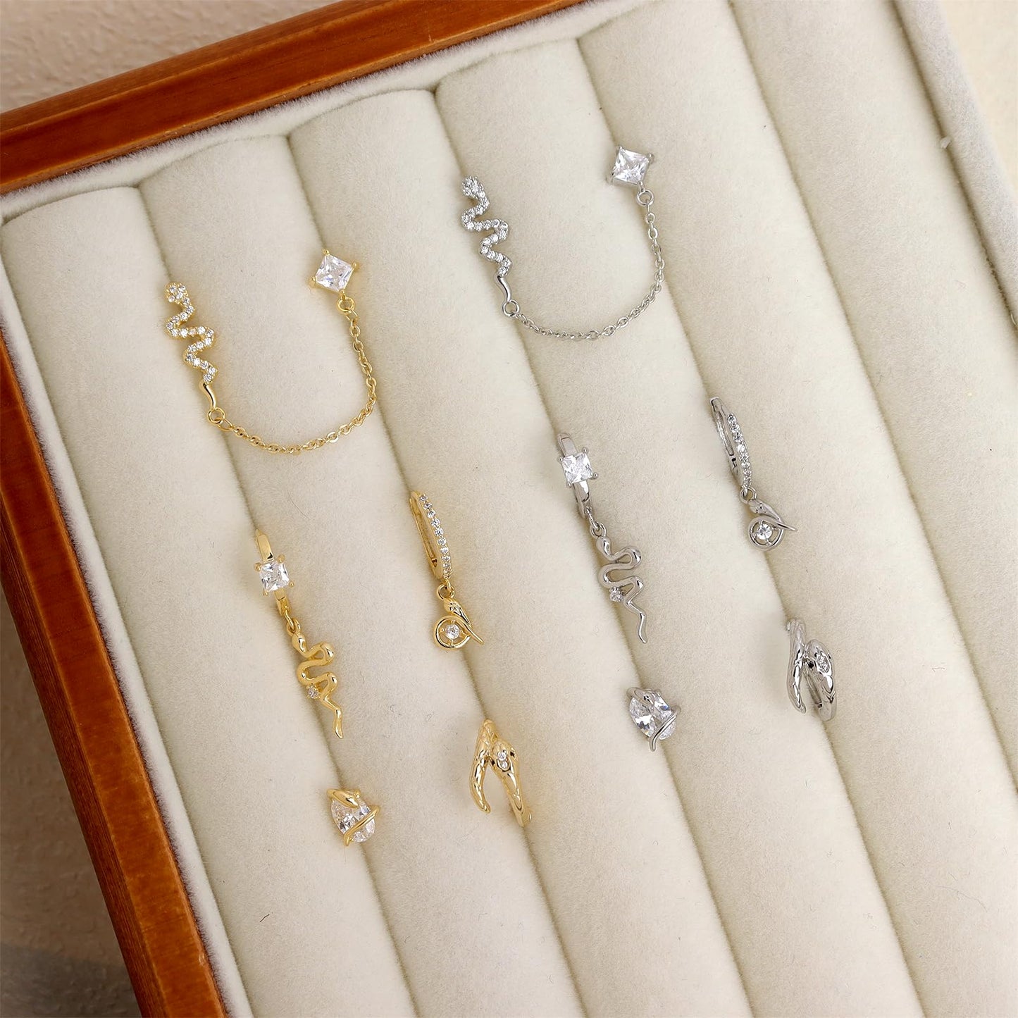 Frigotine Gold Snake Small Hoop Stud Earrings Stack Set for Woman, Dainty Sparkly Rhinestone Crystal Drop Multiple Piercing Cartilage Huggie Earing Holiday Prom Fashion Jewelry Gifts