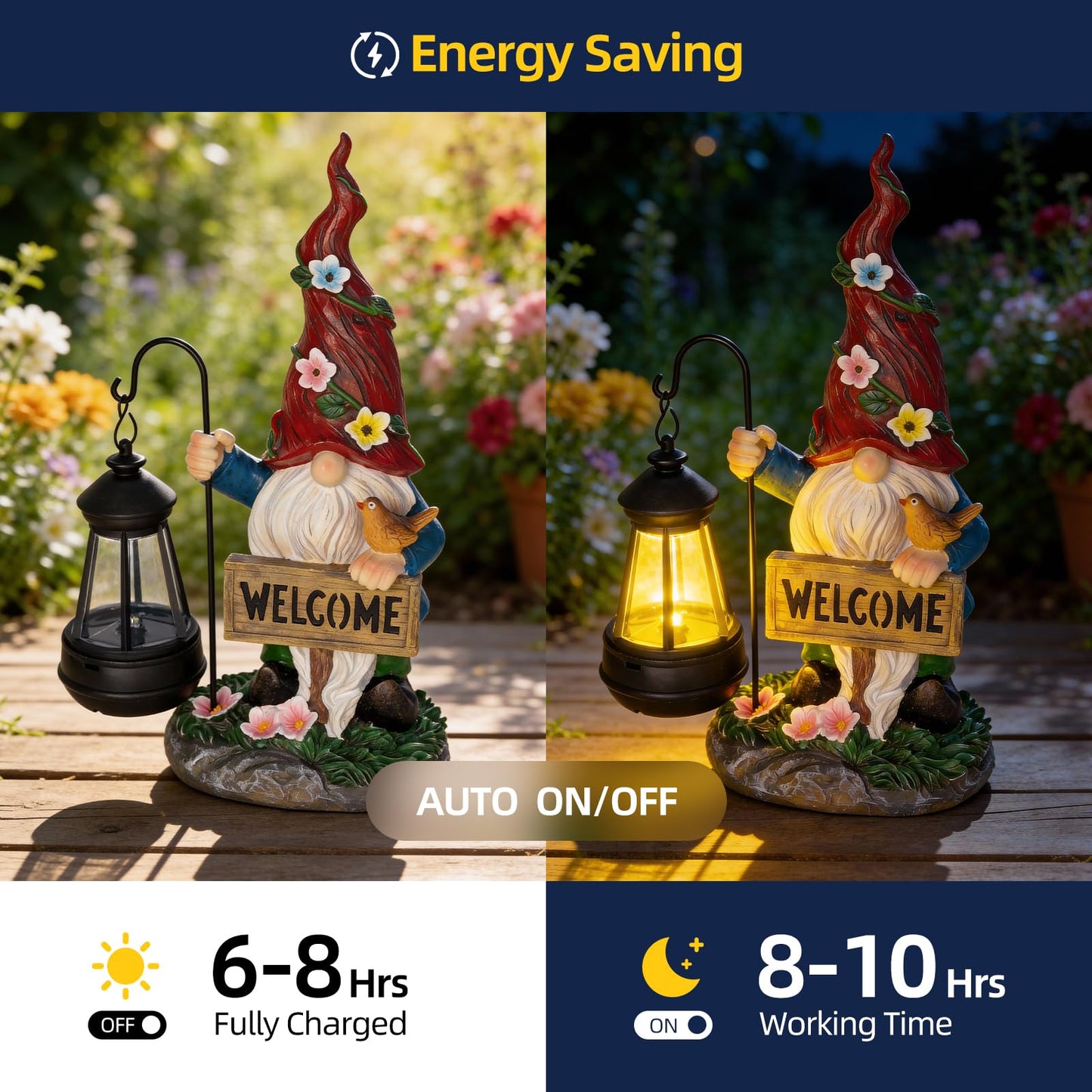 Garden Decor Gnomes Outdoor Statue with Solar Lights-Solar Garden Gnomes Decorations for Patio Lawn Yard Balcony with Lantern,Welcome Sign with Butterfly Flower, Birthday Gifts for Women Mom Grandma