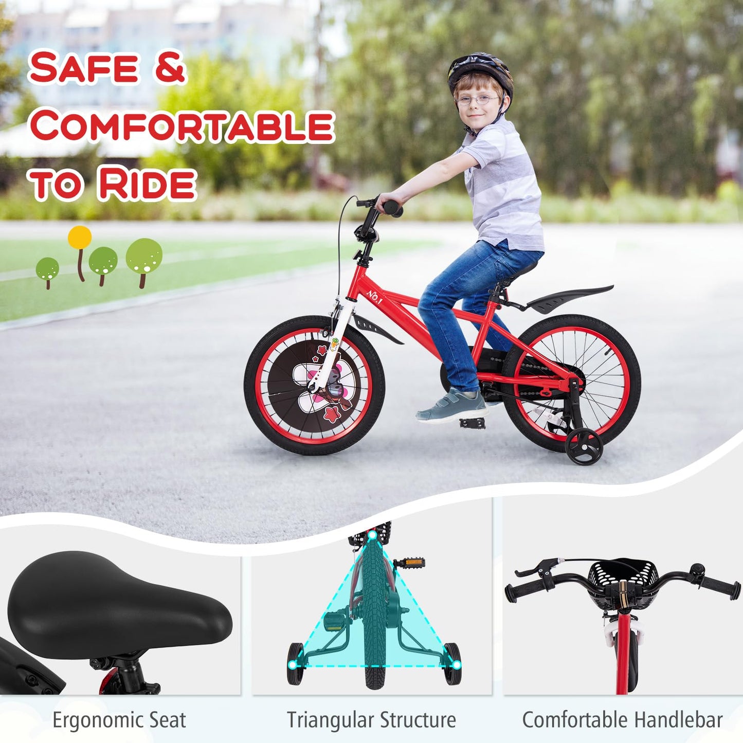BABY JOY Kids Bike, 18 Inches Child Bike for 4-8 Years Old with Adjustable Height, Training Wheels, Storage Basket, Handbrake & Coaster Brake, Kids Bicycle for Girls Boys (Rabbit Pilot, Red)