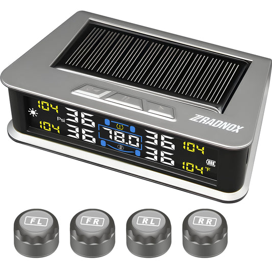 Zradnox Tire Pressure Monitoring System - TPMS with Solar & USB Charger, Tire Pressure Monitor System with 4 External sensors & 6 Alarm Modes, LCD Real-time Display, Auto on/Off Mode, Easy to Install
