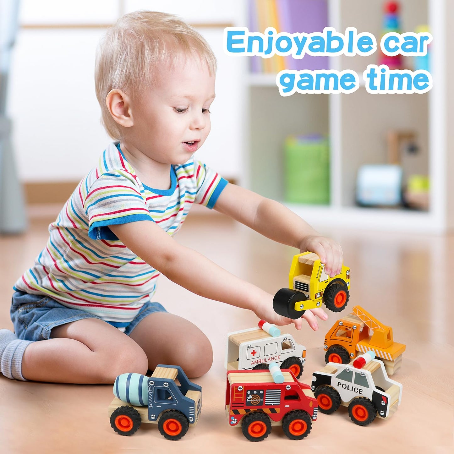 DIPALENT 6Pcs Wooden Cars for Toddlers 1-3,Car Toys,Push and Go Vehicle,Kid Vehicle Toys,Hand Push Car Toys for 1+ Year Old,Montessori