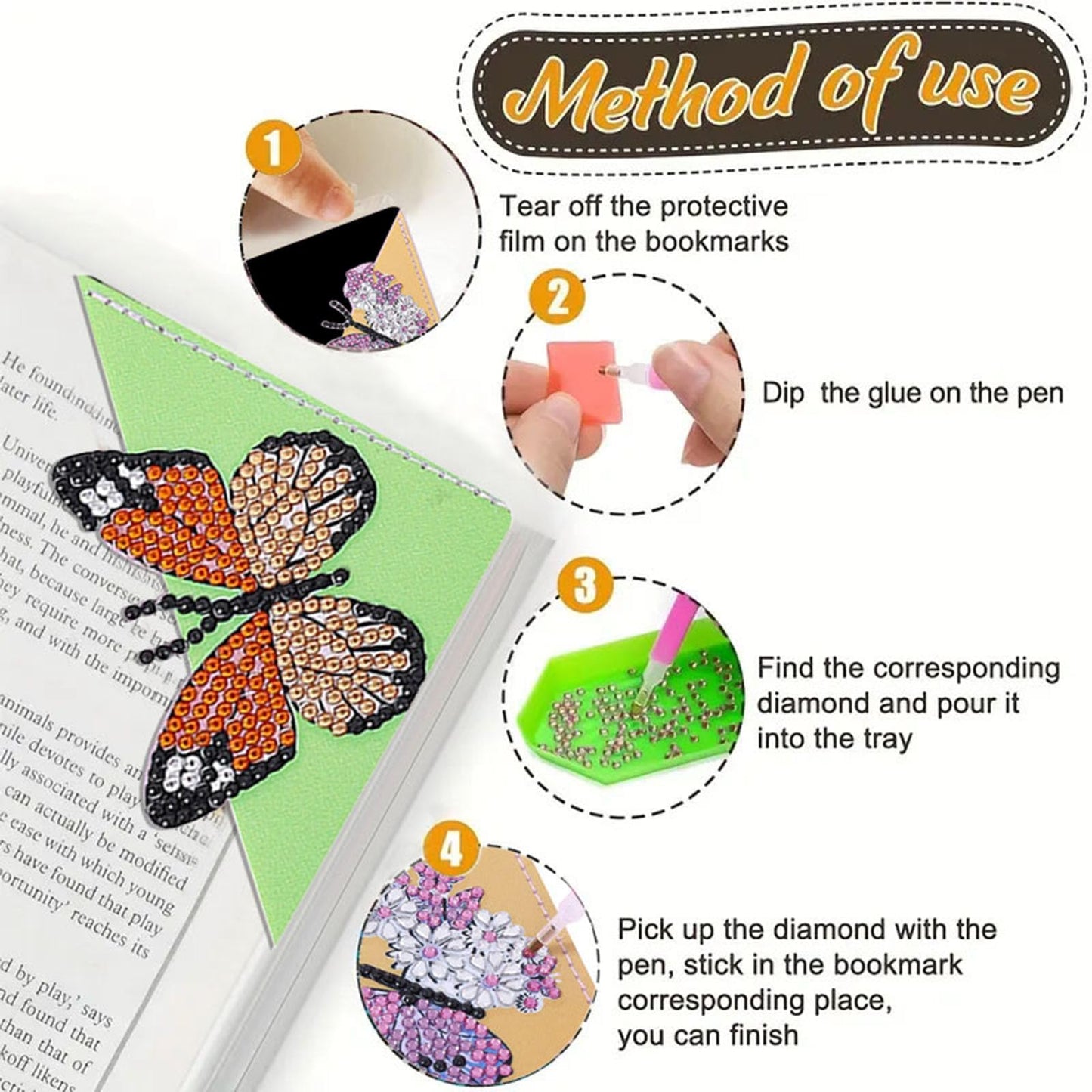 DDGYP 6 PCS Diamond Art Bookmarks, 3.94X3.94 Inch PU Leather DIY Corner Bookmarks with Butterfly & Flower Patterns, Diamond Painting Kits for Adults Book Lovers Home Reading Craft Gift