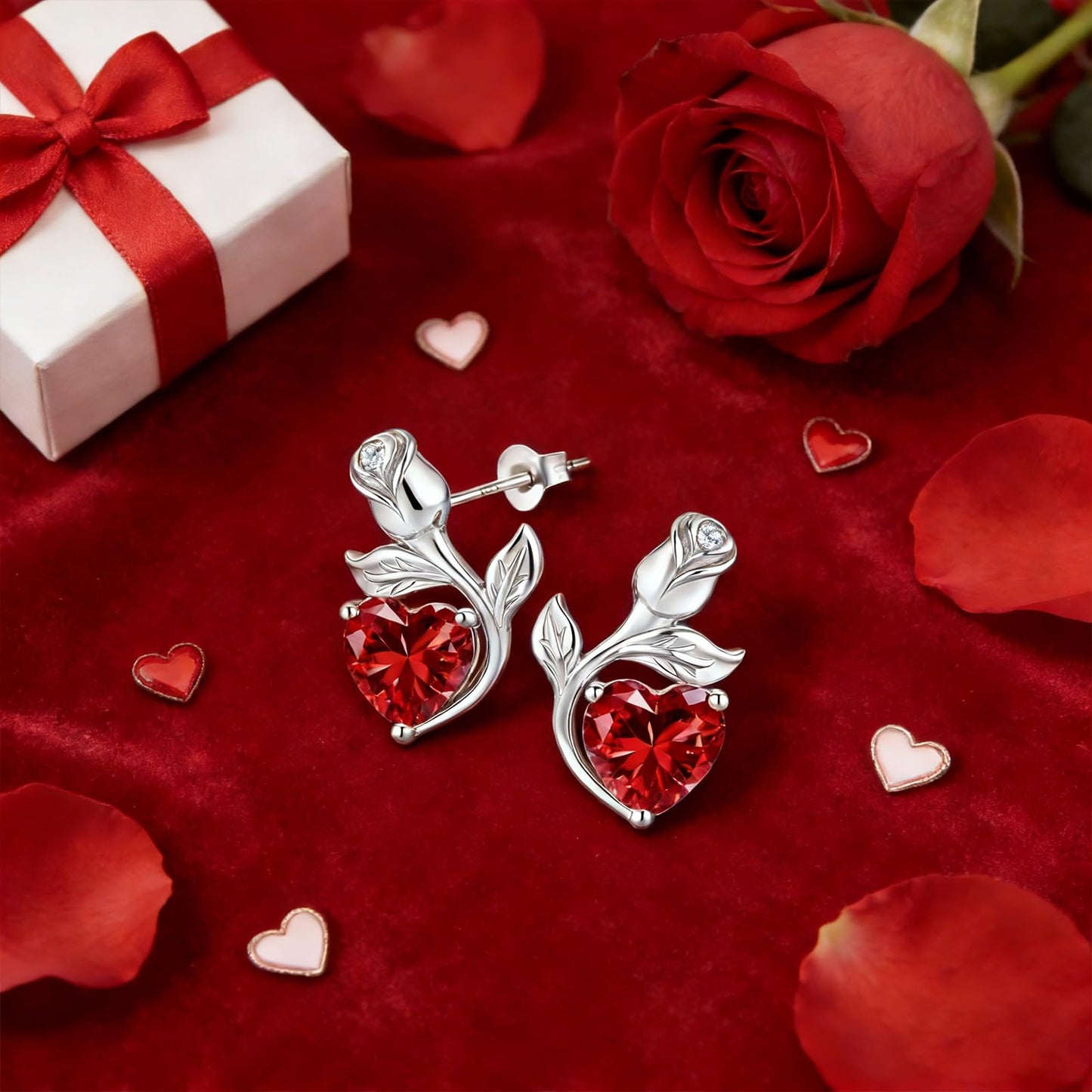JACUPO Rose Heart Necklace and Earrings Set (Necklace 1.2CT / Earrings 0.8CT) Moissanite/Lab-Grown Sapphire/Ruby Options S925 Sterling Silver 18K White Gold Plated Engraved "I LOVE YOU" Perfect Engagement Gift for Girlfriend Wife (Ruby Silver)
