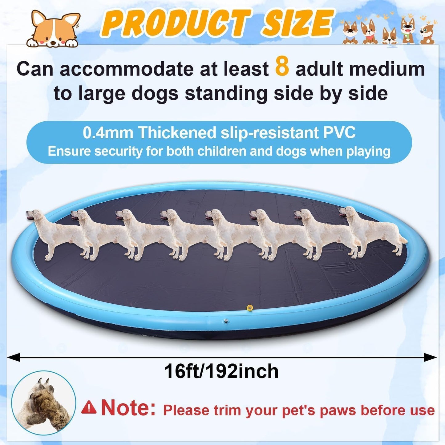 15 ft Giant Inflatable Splash Pad Extra Large 180" 2025 Update Non Slip Pad for Adults Large Dogs Pets Giant Thicken Sprinkler Pool Summer Outdoor Fun Backyard Fountain Play Mat (Classic Style)